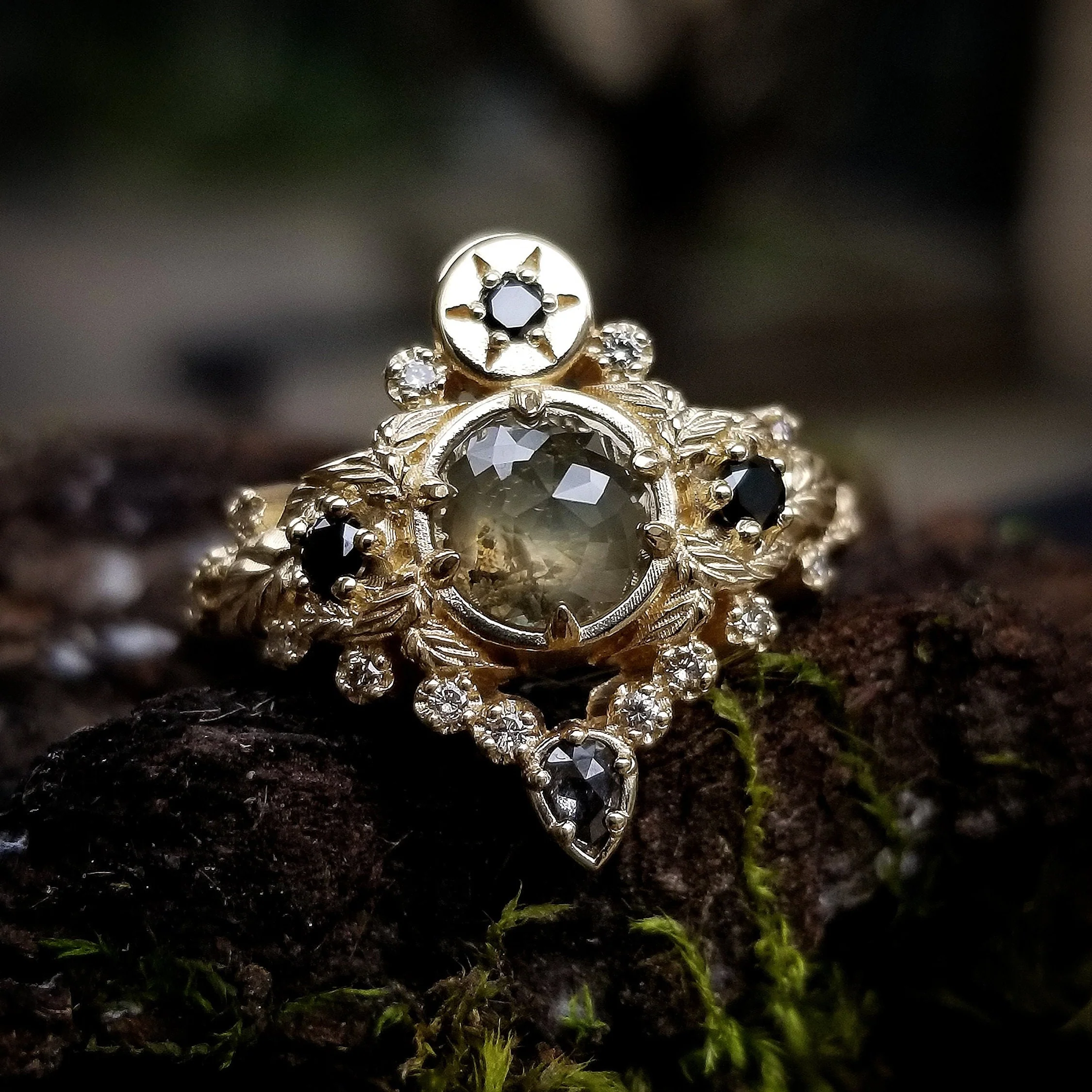 Freya Engagement Ring with Leaves and Pear Salt & Pepper Diamond - Custom Pick your Center Stone - 14k White Gold, Yellow Gold or Rose Gold