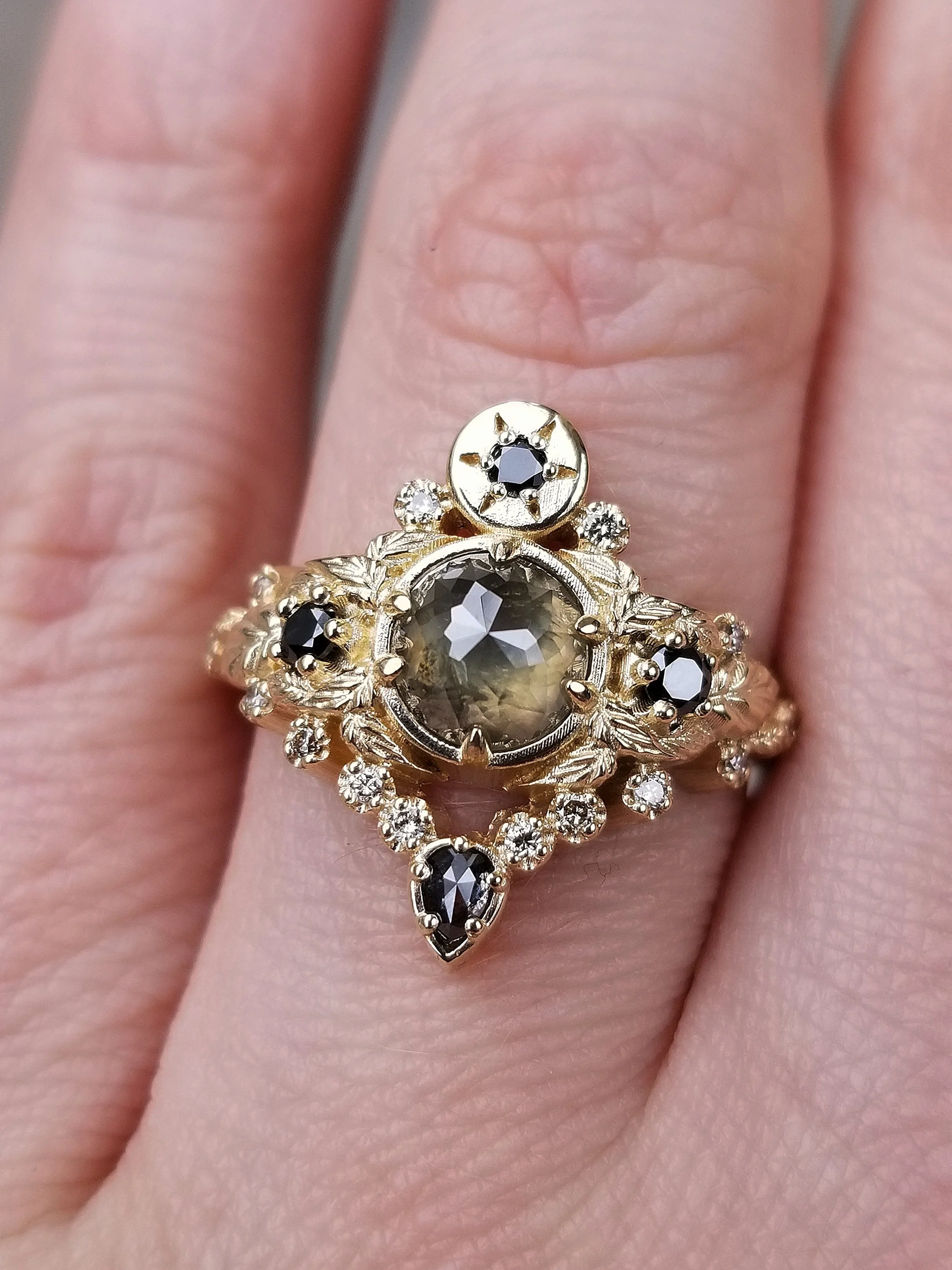 Freya Engagement Ring with Leaves and Pear Salt & Pepper Diamond - Custom Pick your Center Stone - 14k White Gold, Yellow Gold or Rose Gold - Image 2