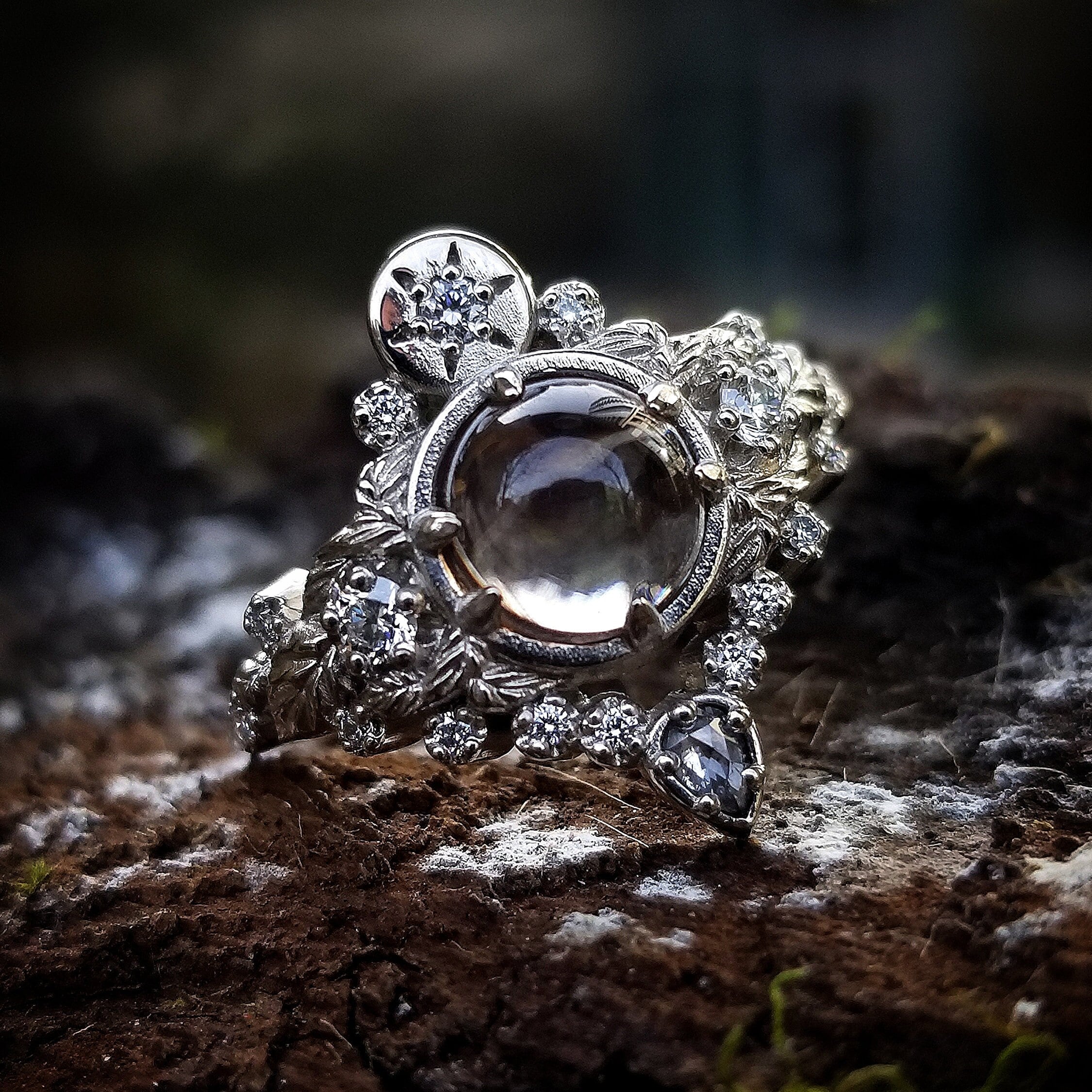 Freya Engagement Ring with Leaves and Pear Salt & Pepper Diamond - Custom Pick your Center Stone - 14k White Gold, Yellow Gold or Rose Gold - Image 3