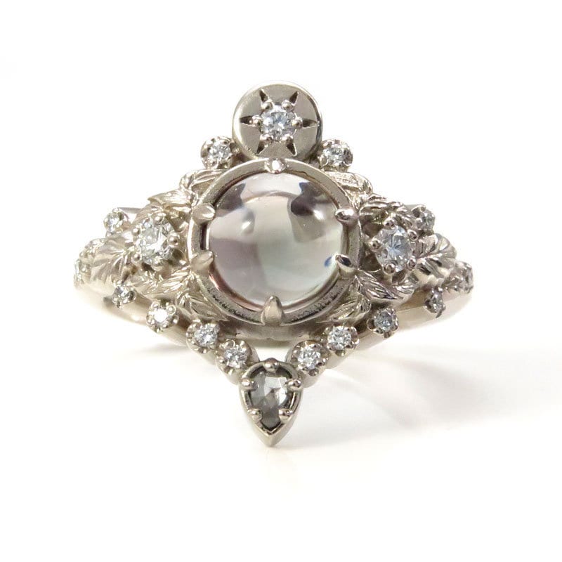 Freya Engagement Ring with Leaves and Pear Salt & Pepper Diamond - Custom Pick your Center Stone - 14k White Gold, Yellow Gold or Rose Gold - Image 4