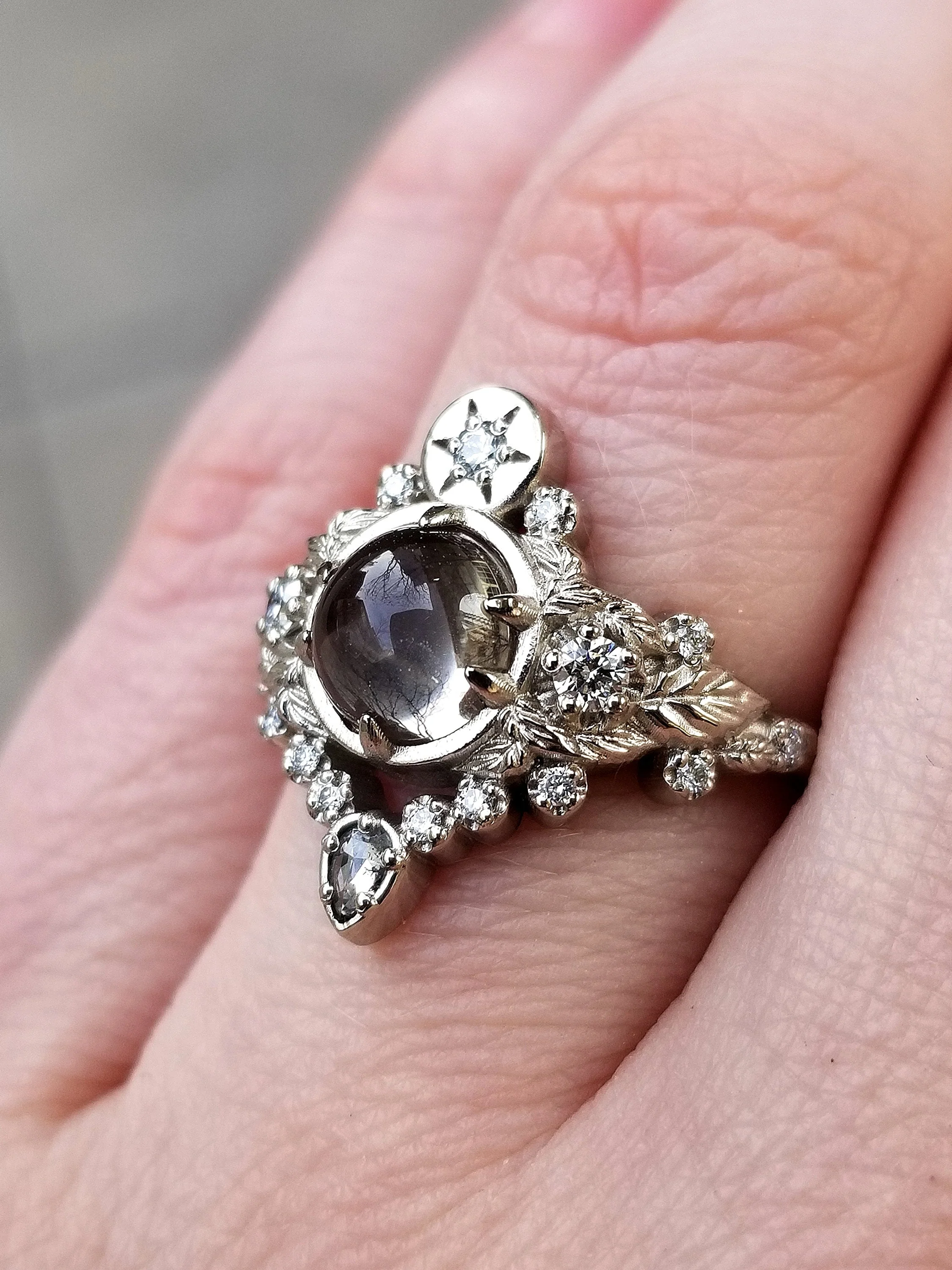 Freya Engagement Ring with Leaves and Pear Salt & Pepper Diamond - Custom Pick your Center Stone - 14k White Gold, Yellow Gold or Rose Gold - Image 5