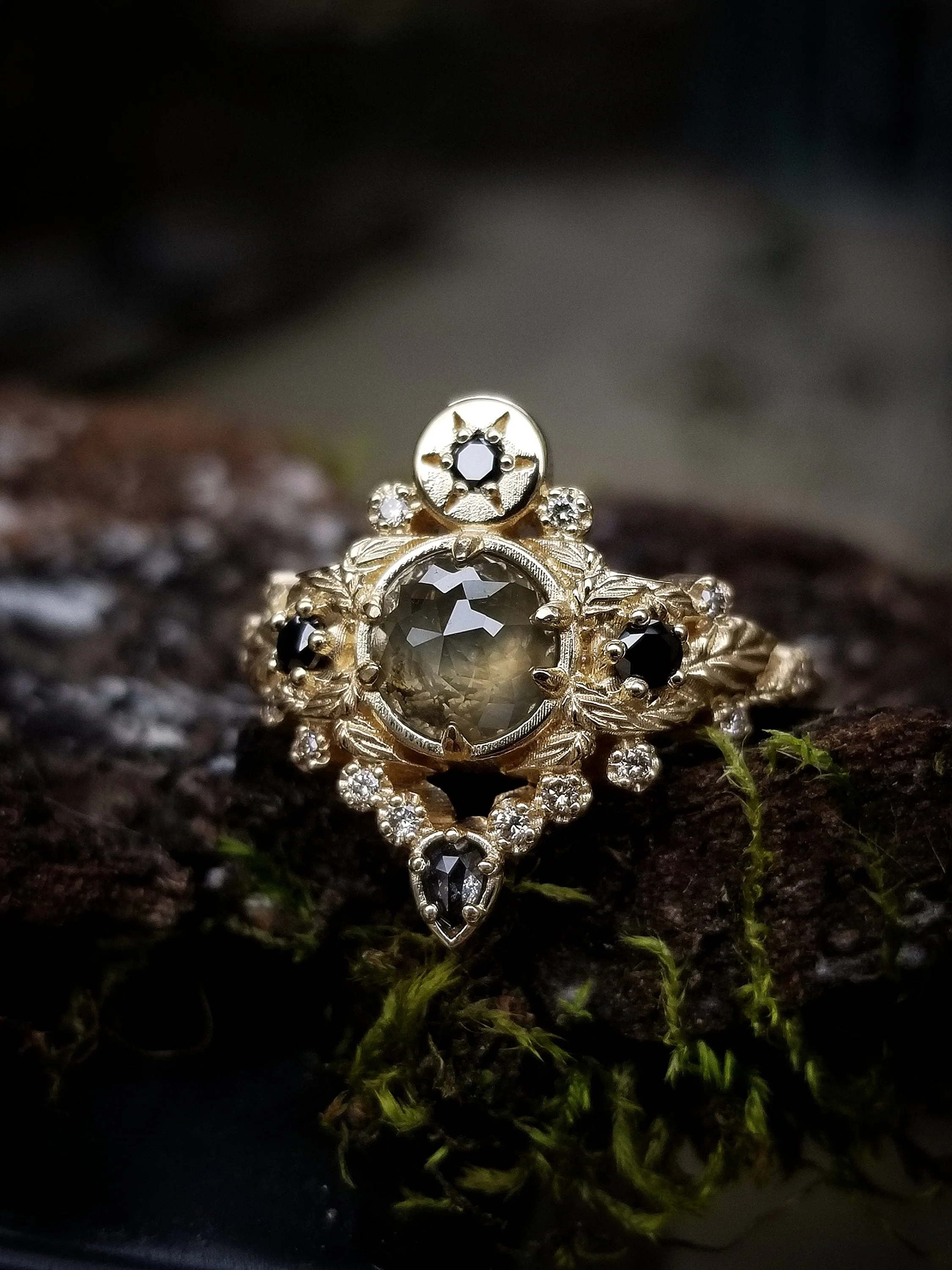 Freya Engagement Ring with Leaves and Pear Salt & Pepper Diamond - Custom Pick your Center Stone - 14k White Gold, Yellow Gold or Rose Gold - Image 9