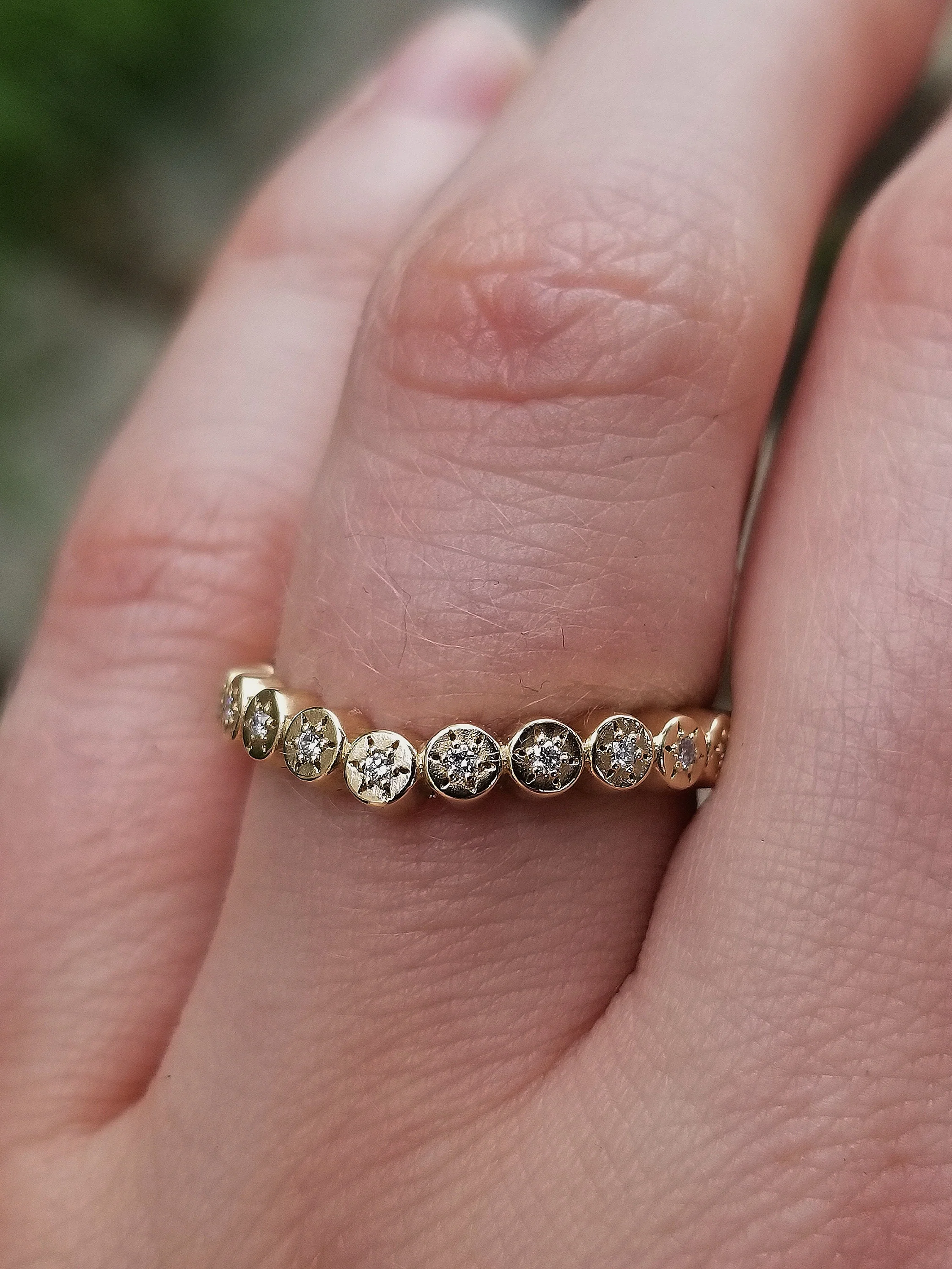 Gold Sun Disk Curved Wedding Band - Delicate Celestial Diamond or Alexandrite Stacking Ring - Image 10