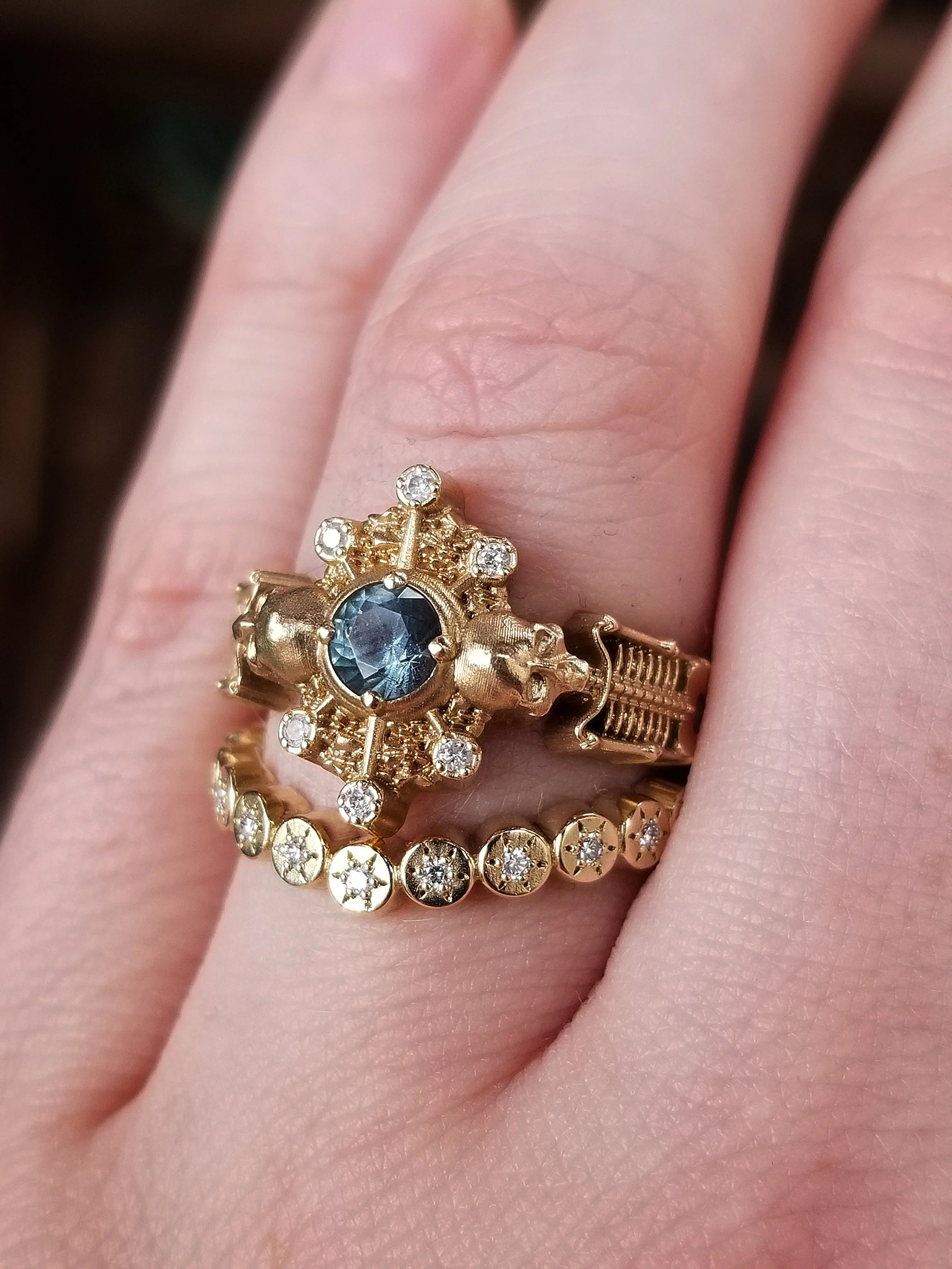 Gold Sun Disk Curved Wedding Band - Delicate Celestial Diamond or Alexandrite Stacking Ring - Image 3