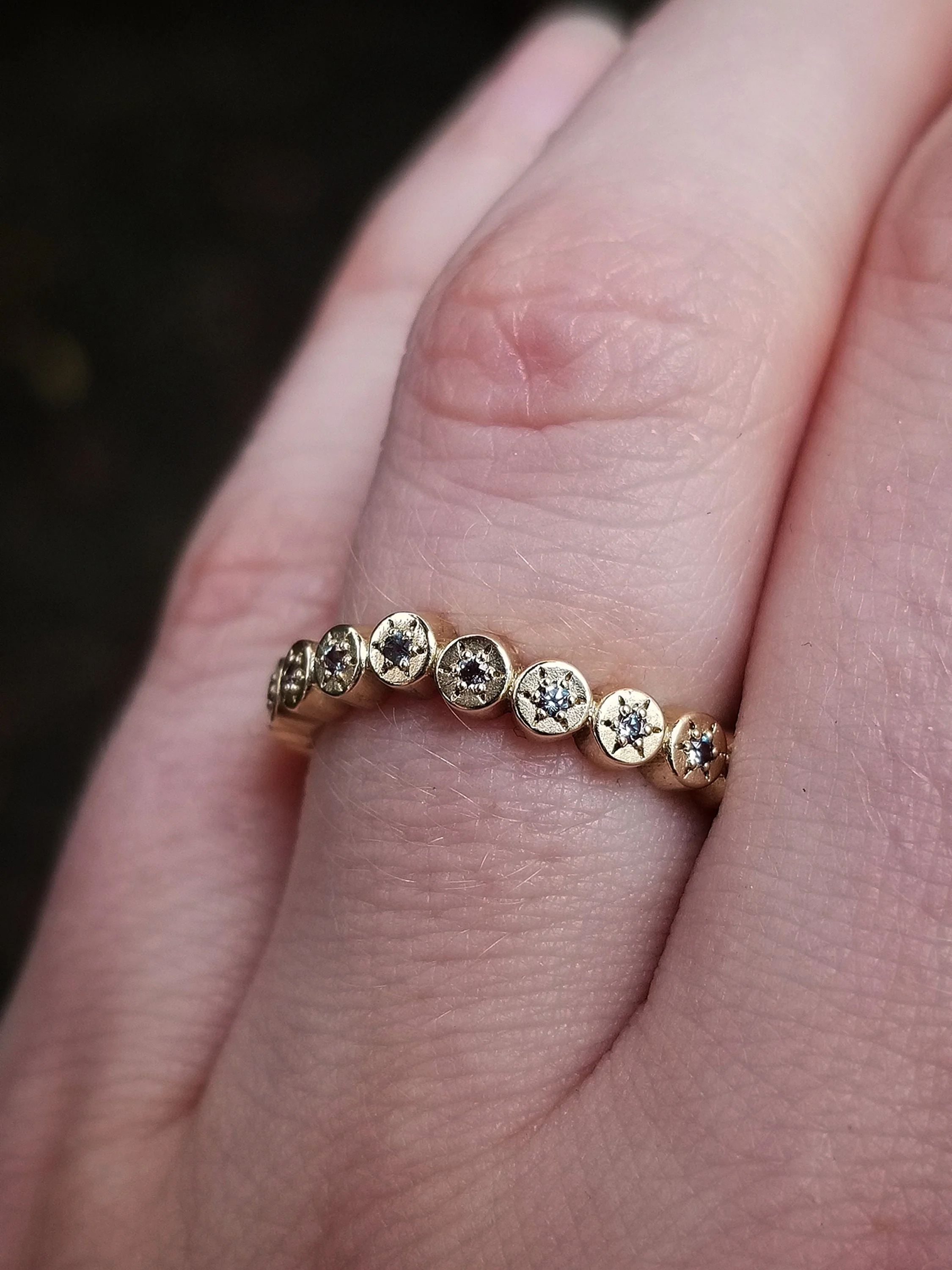 Gold Sun Disk Curved Wedding Band - Delicate Celestial Diamond or Alexandrite Stacking Ring - Image 4