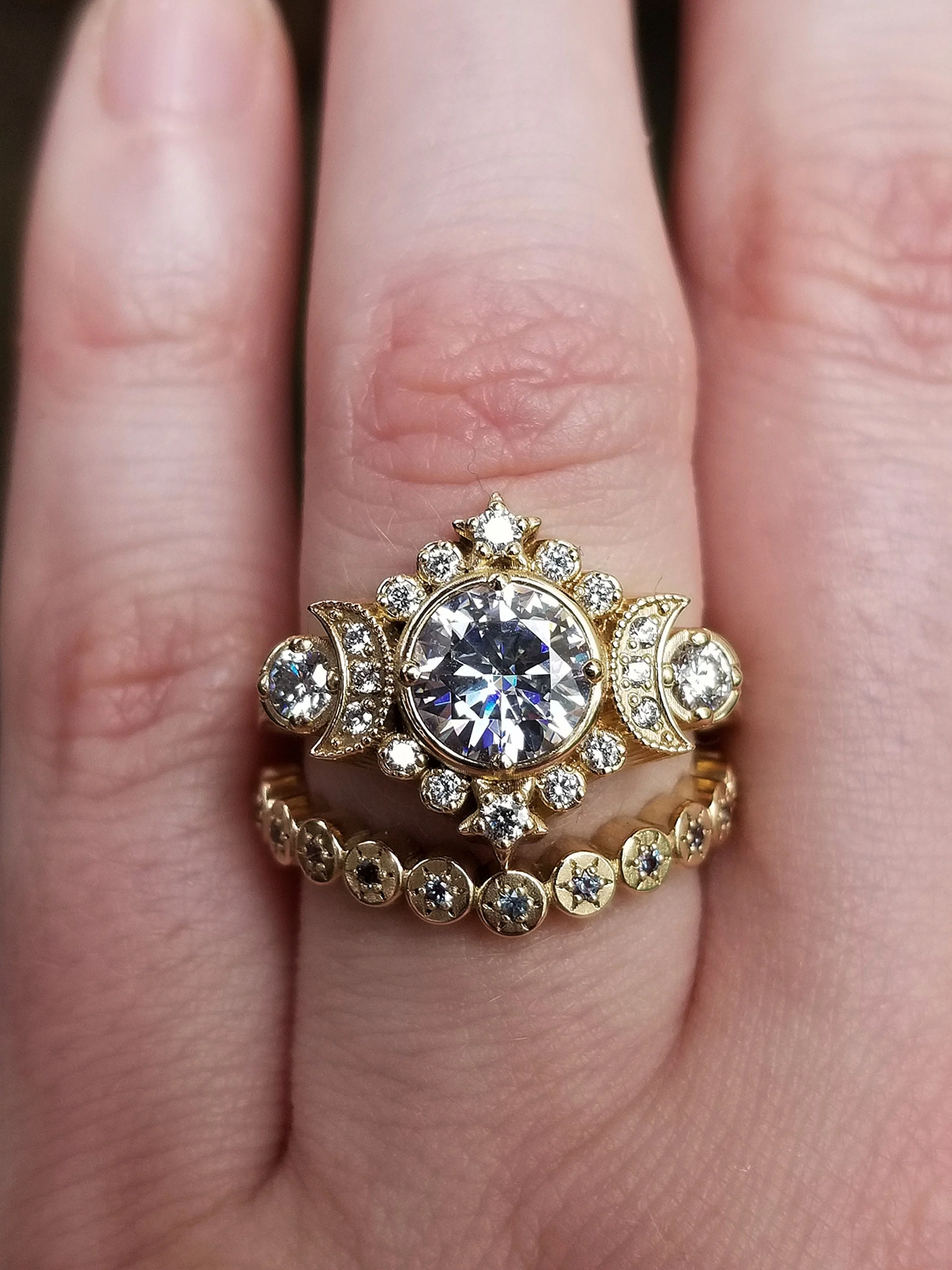Gold Sun Disk Curved Wedding Band - Delicate Celestial Diamond or Alexandrite Stacking Ring - Image 6