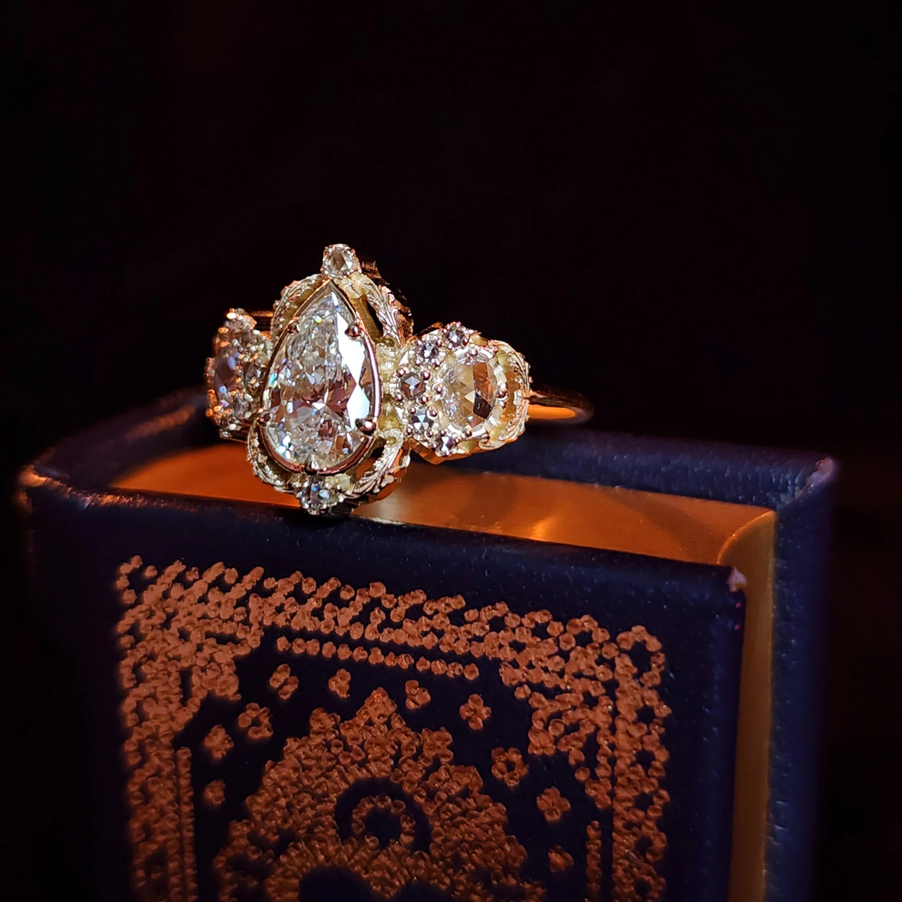 Goodnight Moon Ring with Rose Cut Diamonds and Fancy Gold Scrollwork - Fantasy Filigree 14k Gold Handmade Ring with Moissanite or Lab Diamond Pear Center Stone - Image 11