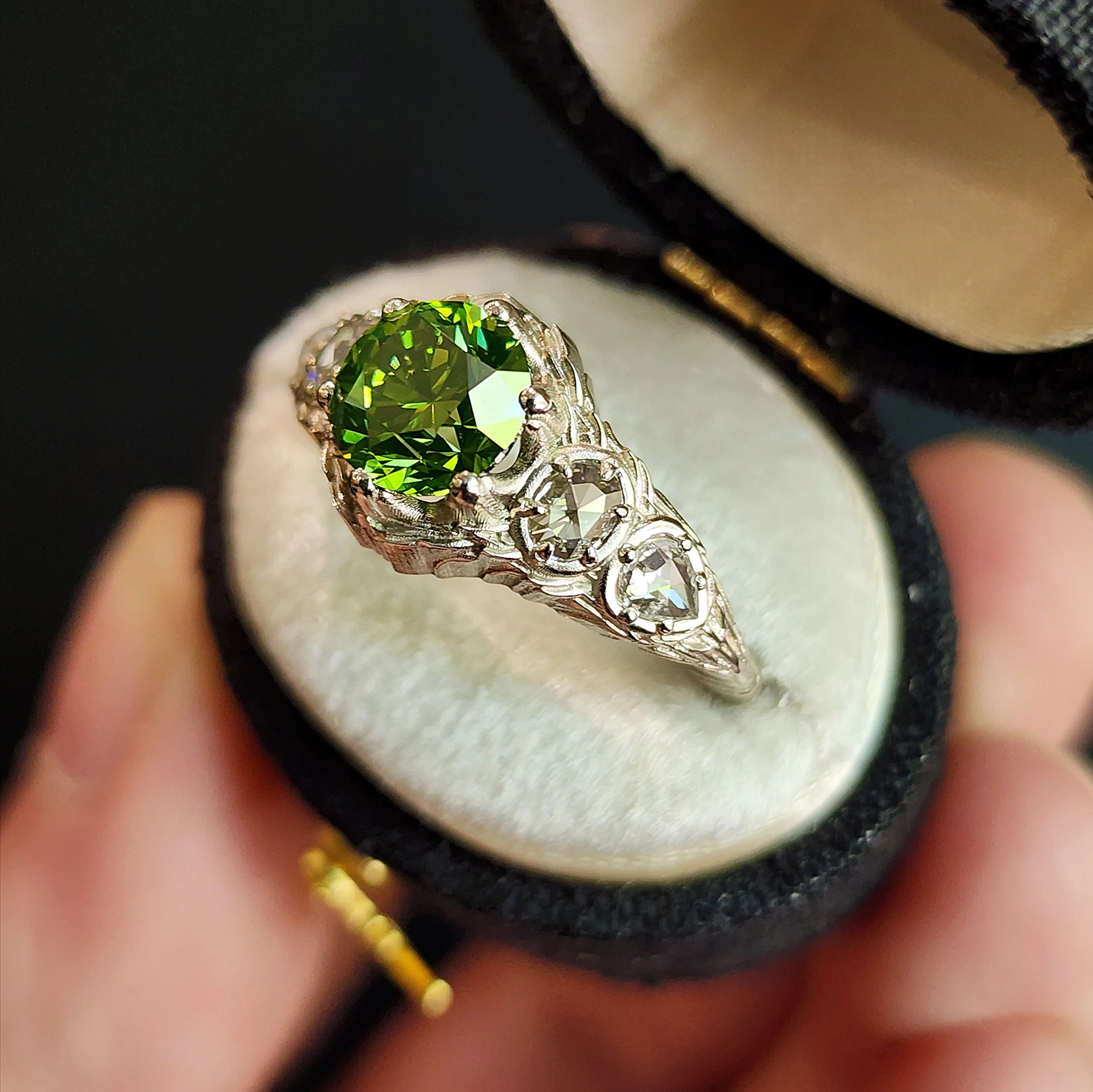 Green Diamond Bramble Engagement Ring with Rose Cut Oval & Pear Diamonds and Forest Chevron Wedding Band - Nature Inspired Fine Jewelry - Image 10