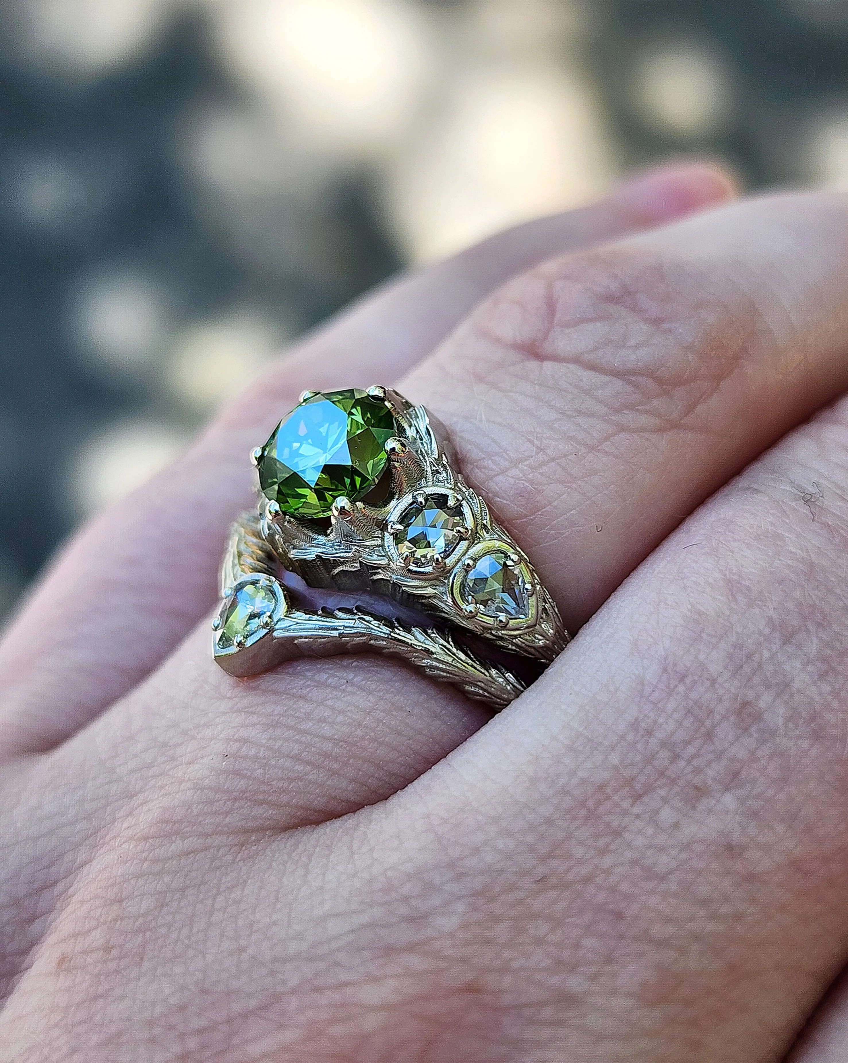 Green Diamond Bramble Engagement Ring with Rose Cut Oval & Pear Diamonds and Forest Chevron Wedding Band - Nature Inspired Fine Jewelry - Image 11