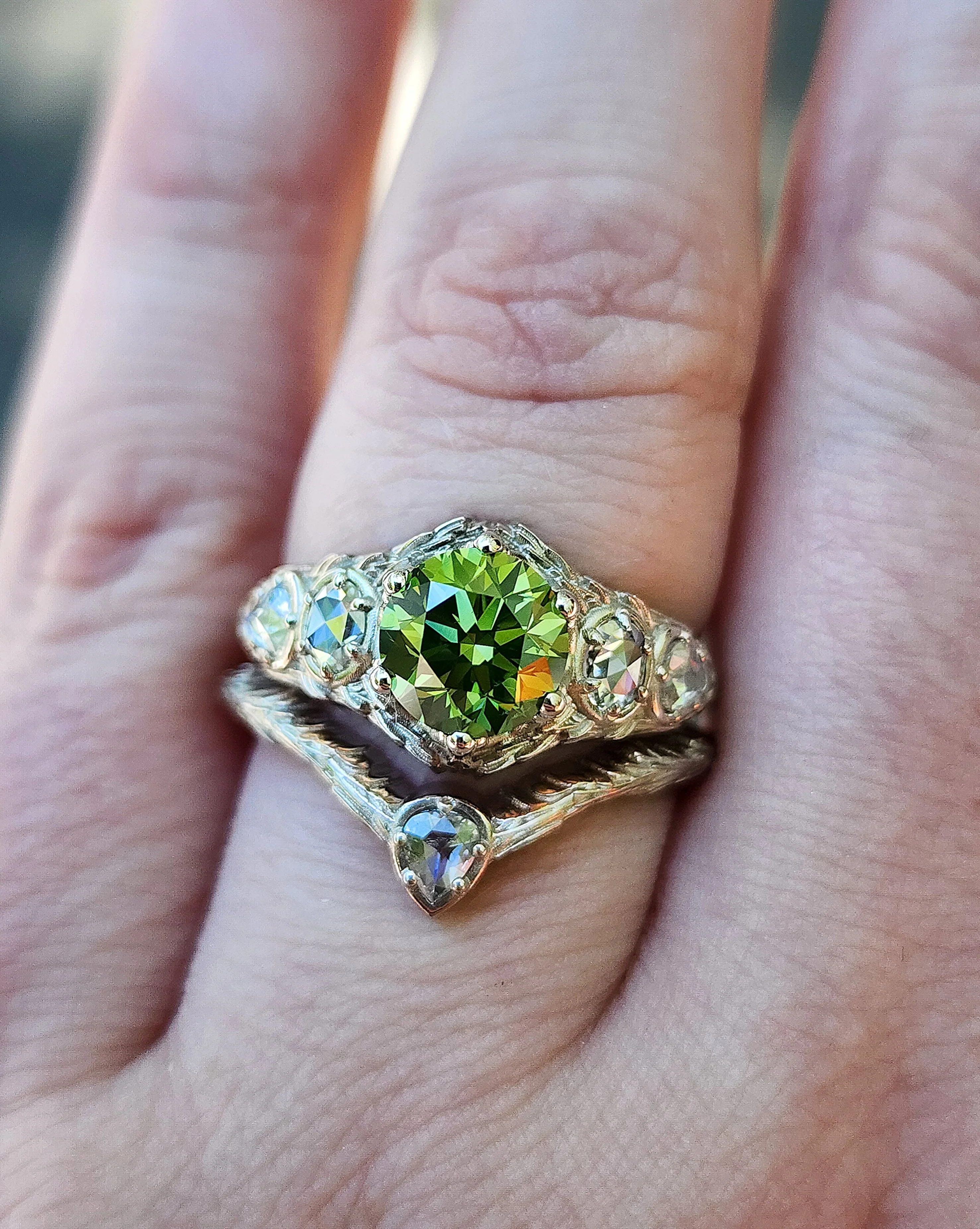 Green Diamond Bramble Engagement Ring with Rose Cut Oval & Pear Diamonds and Forest Chevron Wedding Band - Nature Inspired Fine Jewelry - Image 3