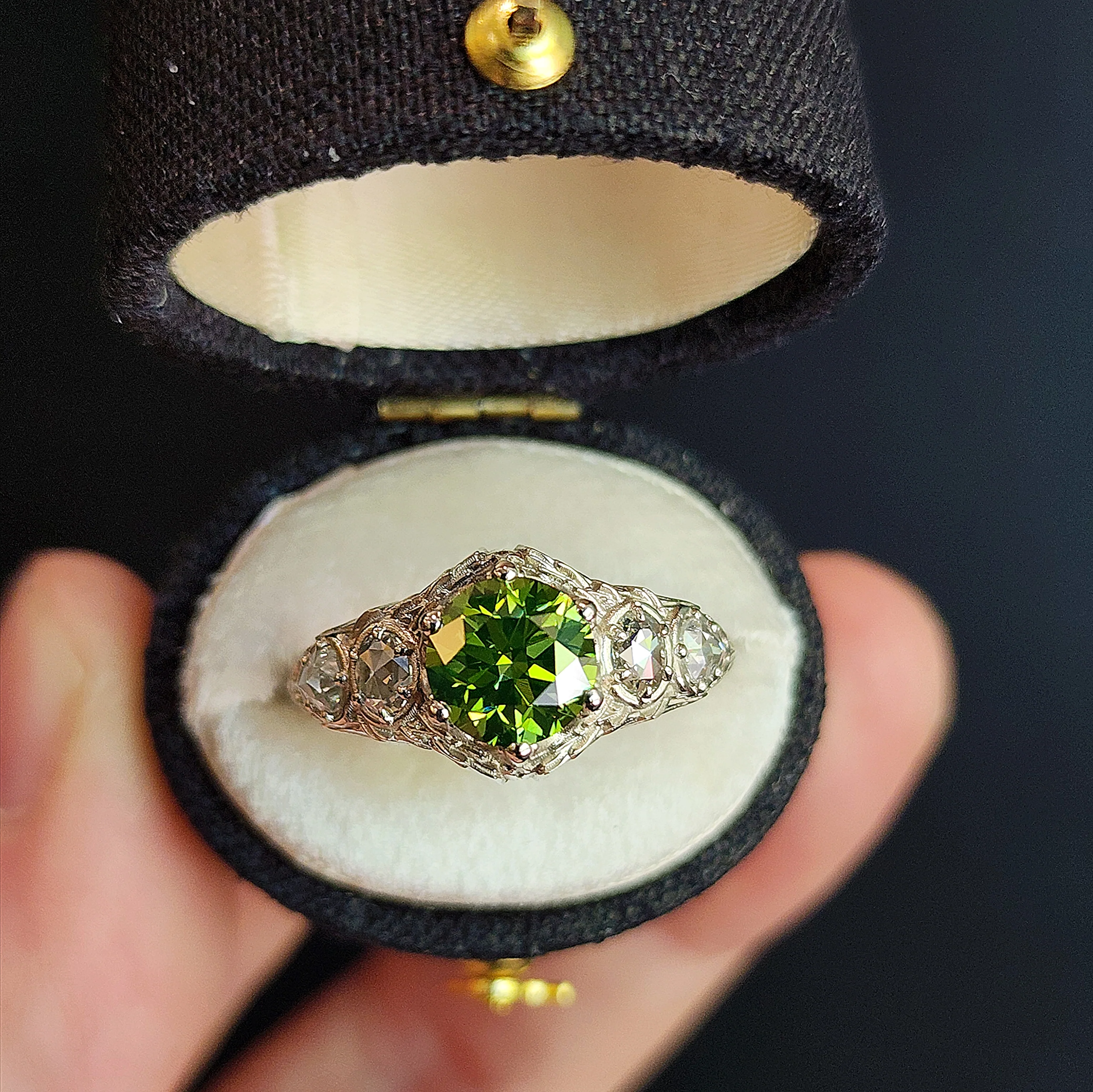Green Diamond Bramble Engagement Ring with Rose Cut Oval & Pear Diamonds and Forest Chevron Wedding Band - Nature Inspired Fine Jewelry - Image 4