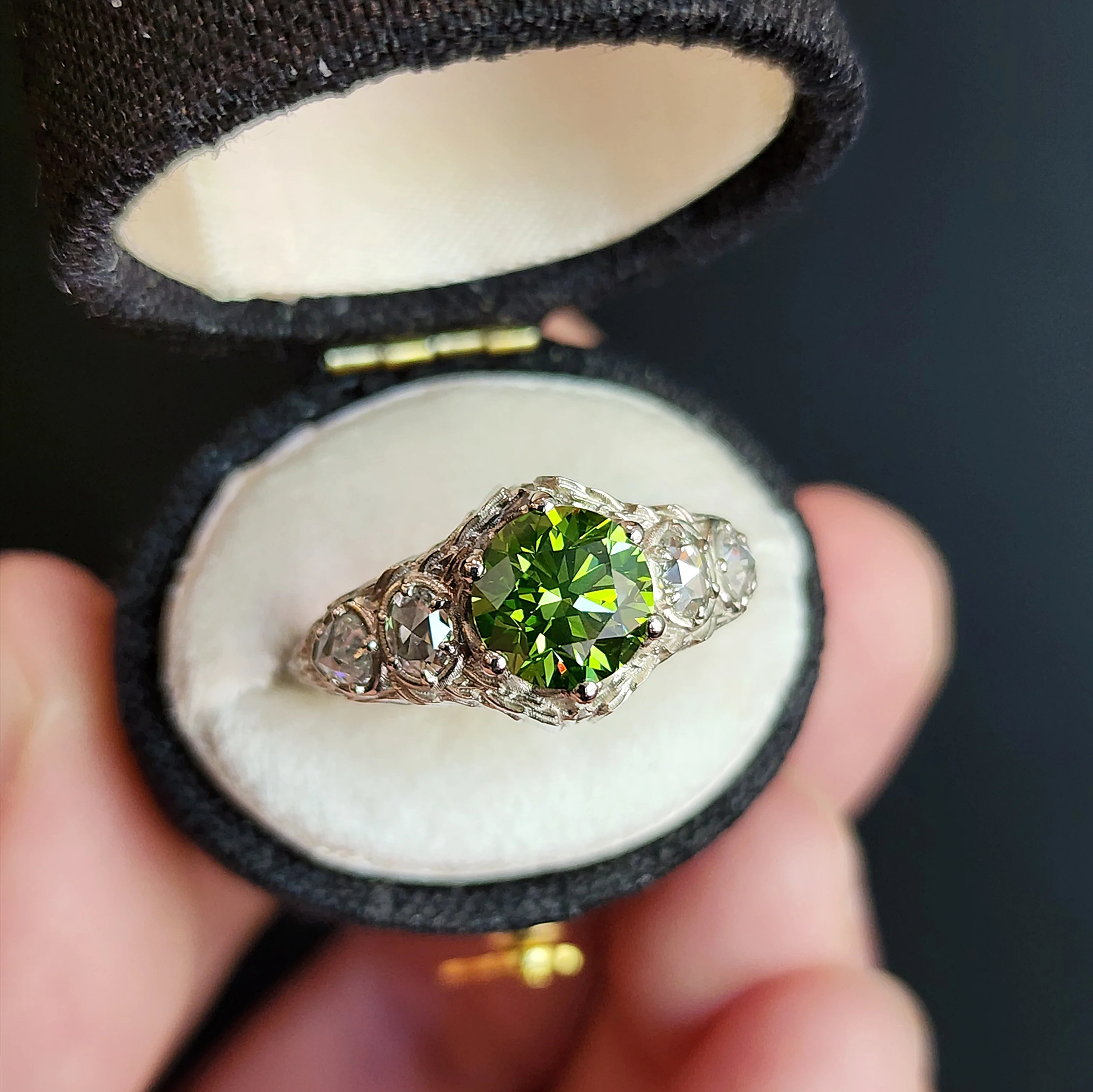 Green Diamond Bramble Engagement Ring with Rose Cut Oval & Pear Diamonds and Forest Chevron Wedding Band - Nature Inspired Fine Jewelry - Image 5