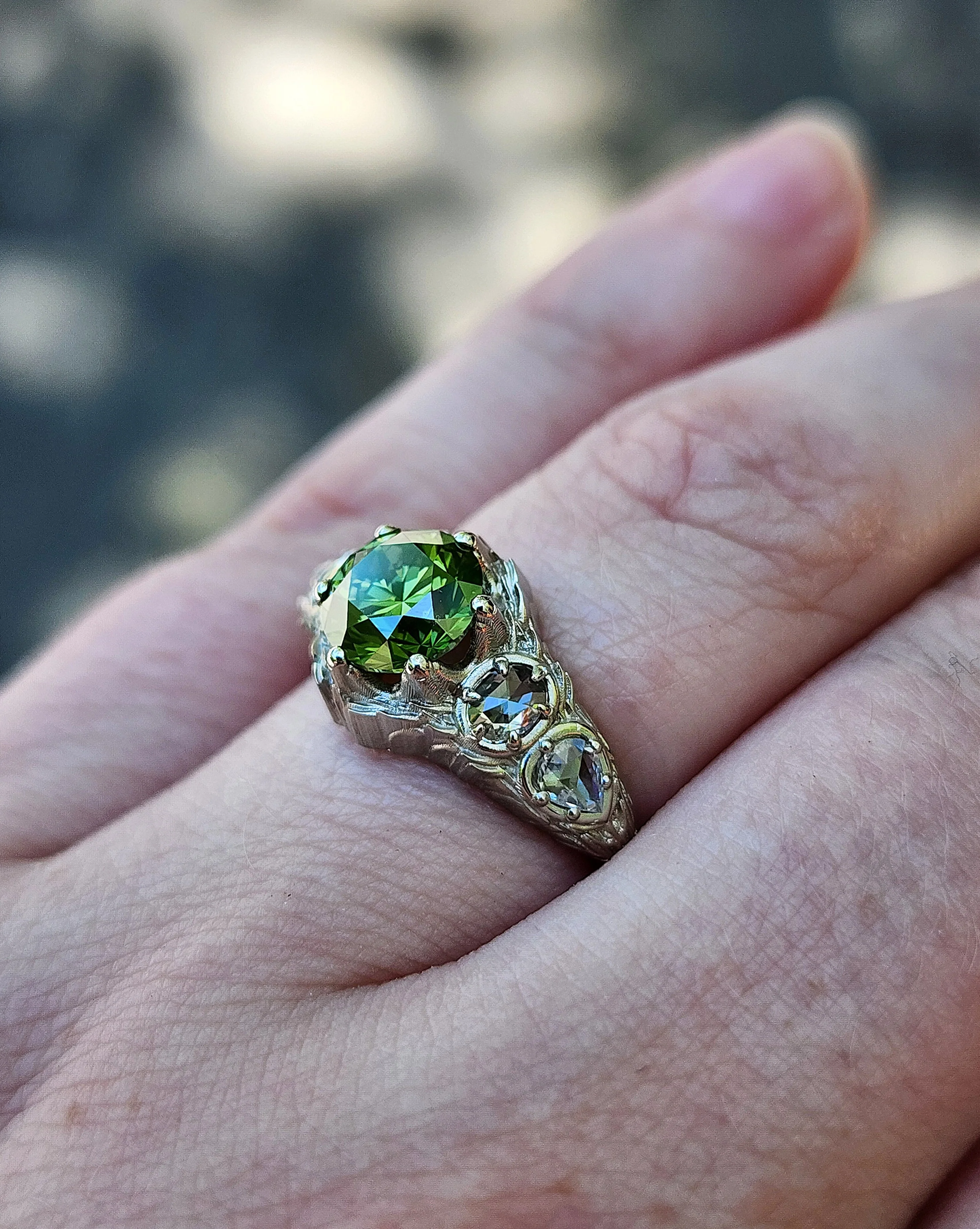 Green Diamond Bramble Engagement Ring with Rose Cut Oval & Pear Diamonds and Forest Chevron Wedding Band - Nature Inspired Fine Jewelry - Image 6