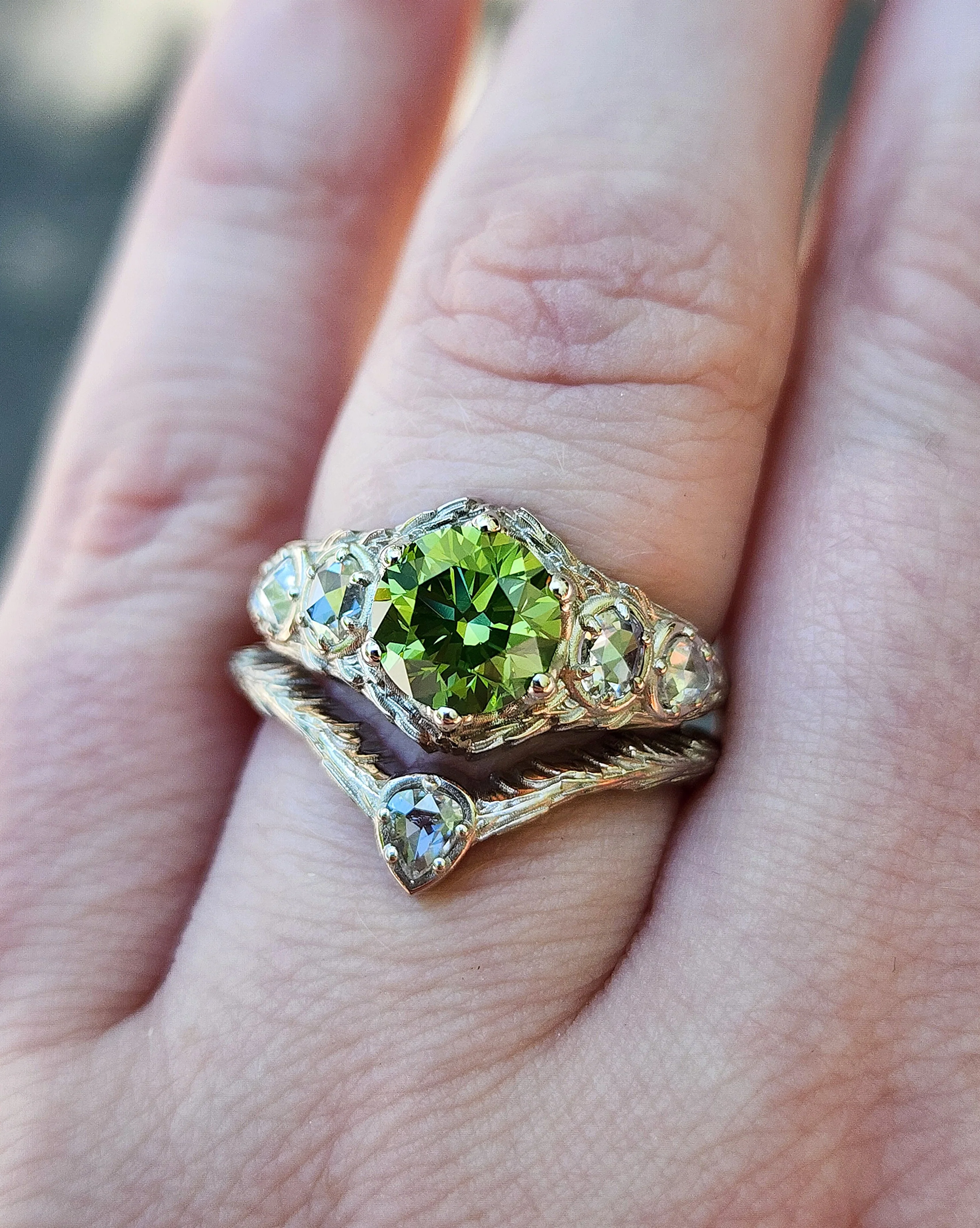Green Diamond Bramble Engagement Ring with Rose Cut Oval & Pear Diamonds and Forest Chevron Wedding Band - Nature Inspired Fine Jewelry - Image 7