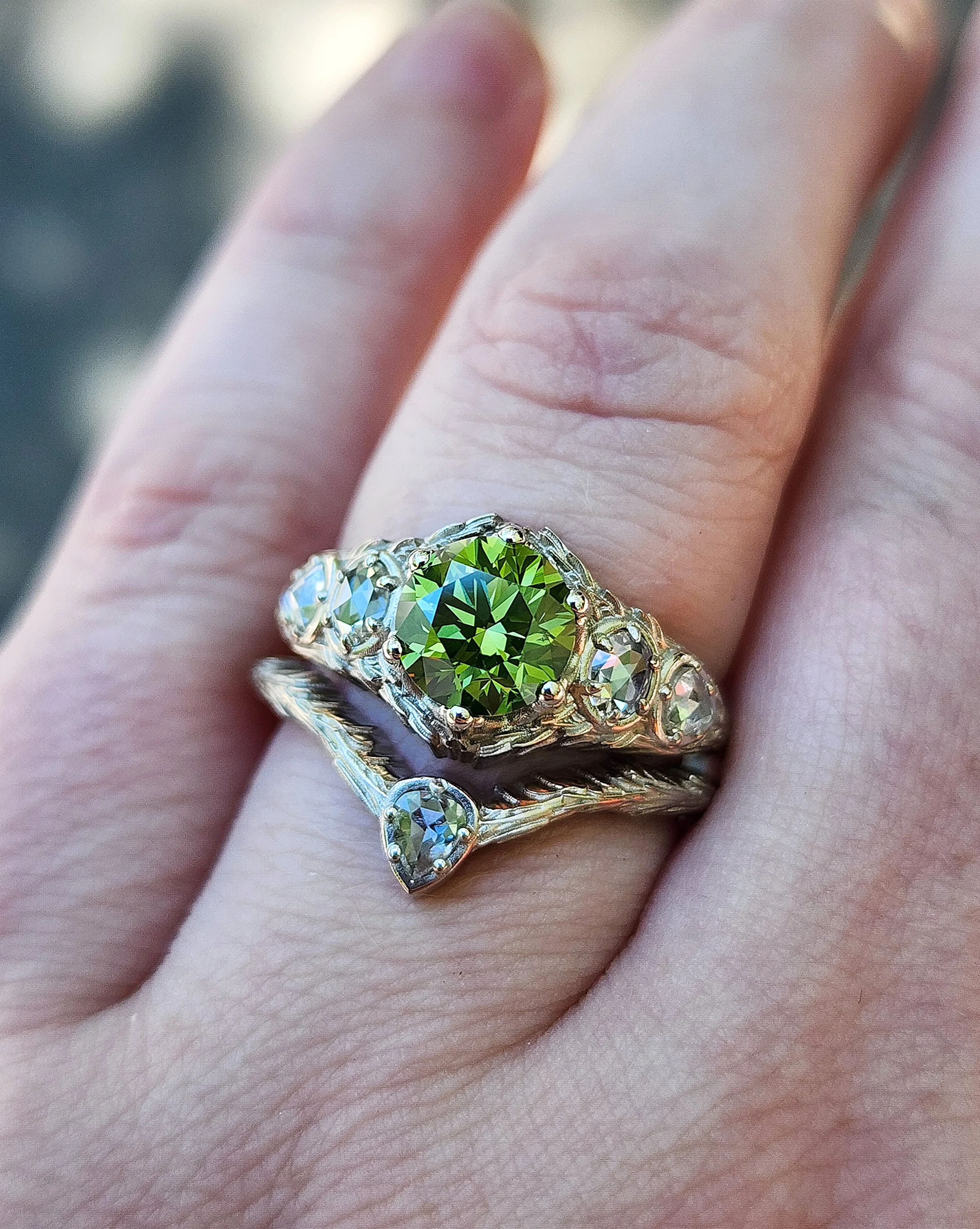 Green Diamond Bramble Engagement Ring with Rose Cut Oval & Pear Diamonds and Forest Chevron Wedding Band - Nature Inspired Fine Jewelry - Image 8