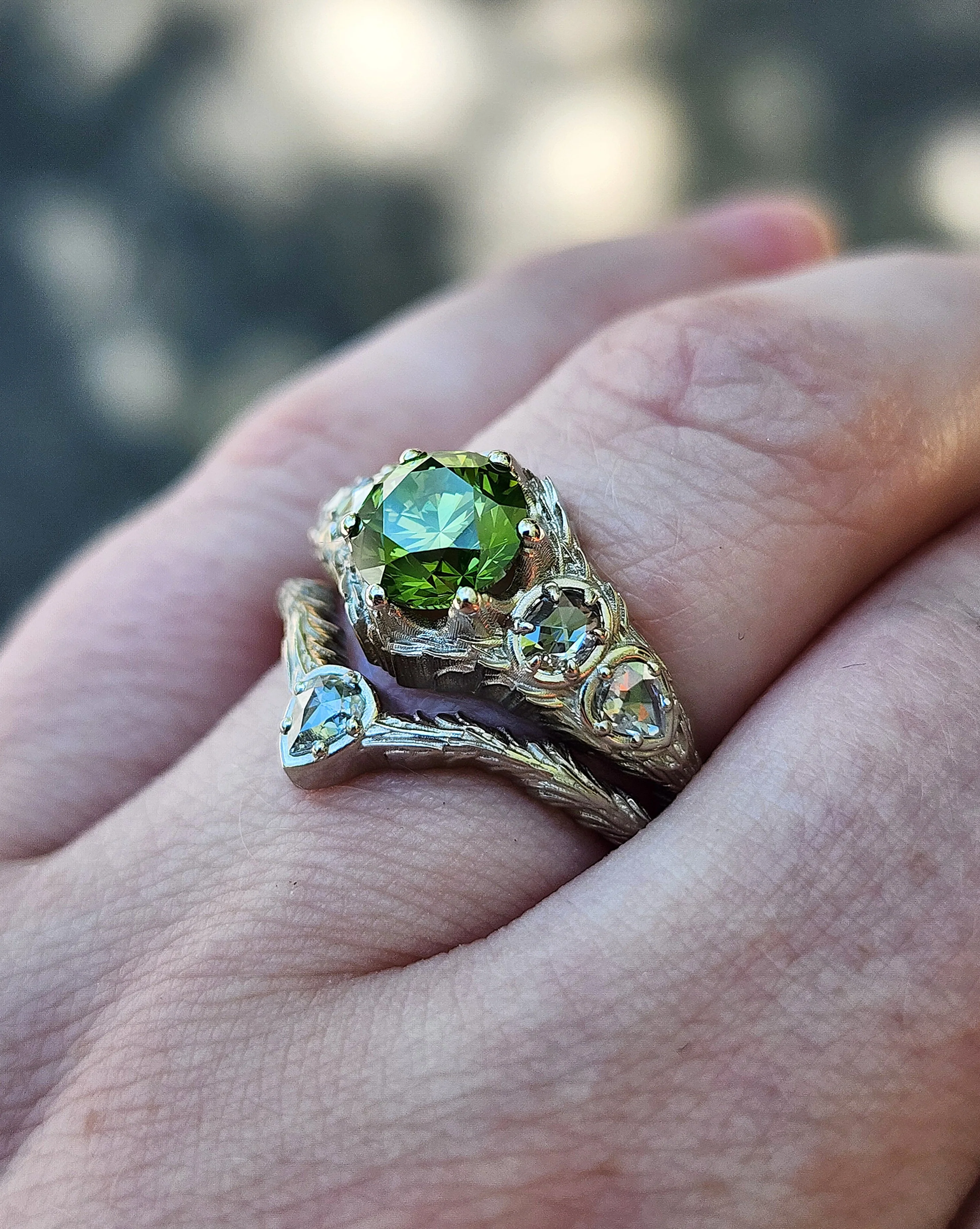 Green Diamond Bramble Engagement Ring with Rose Cut Oval & Pear Diamonds and Forest Chevron Wedding Band - Nature Inspired Fine Jewelry - Image 9