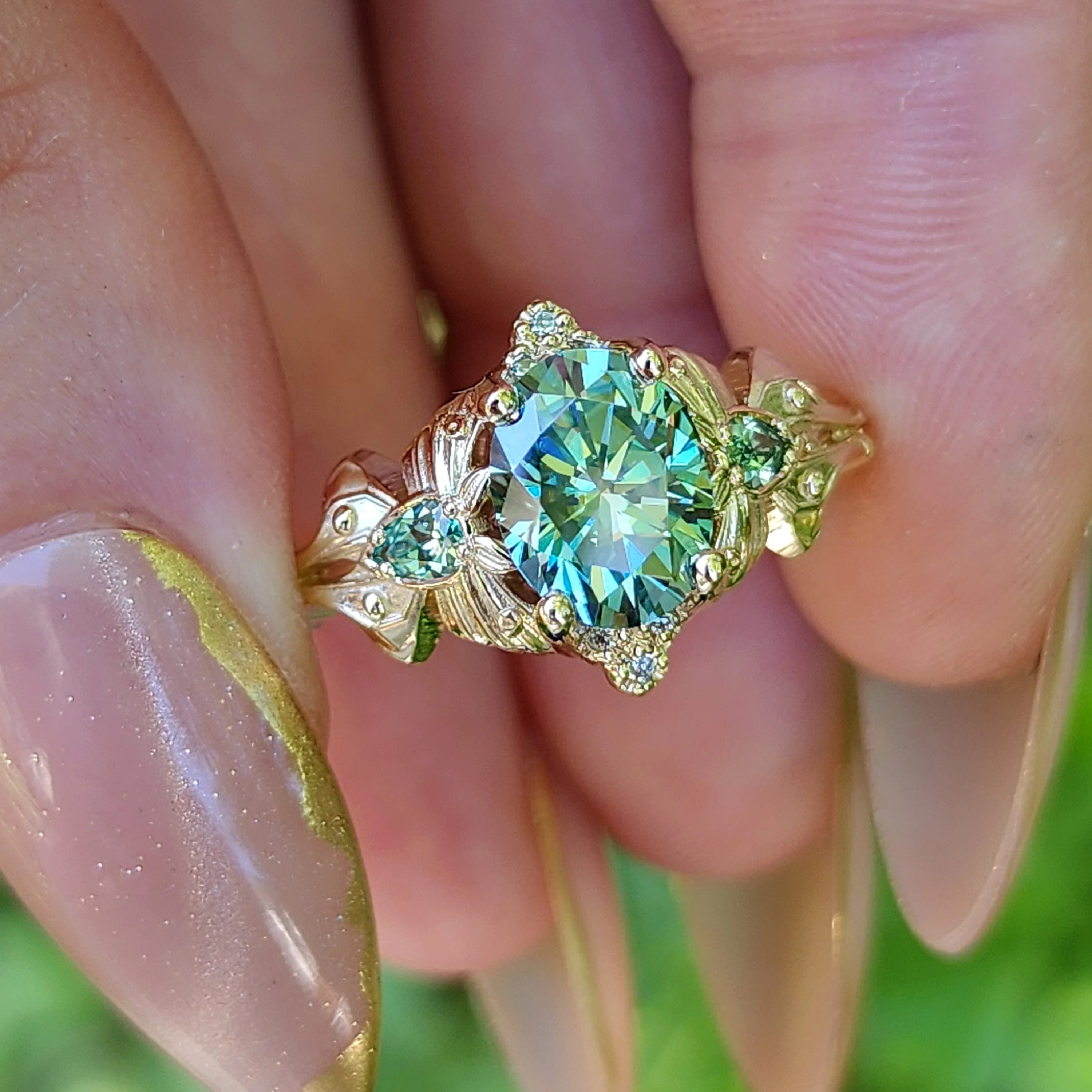 Green Luna Moth Engagement Ring with Teal Moissanite & Chrysoberyl - 14k Gold Unique Wedding Jewelry - Image 8