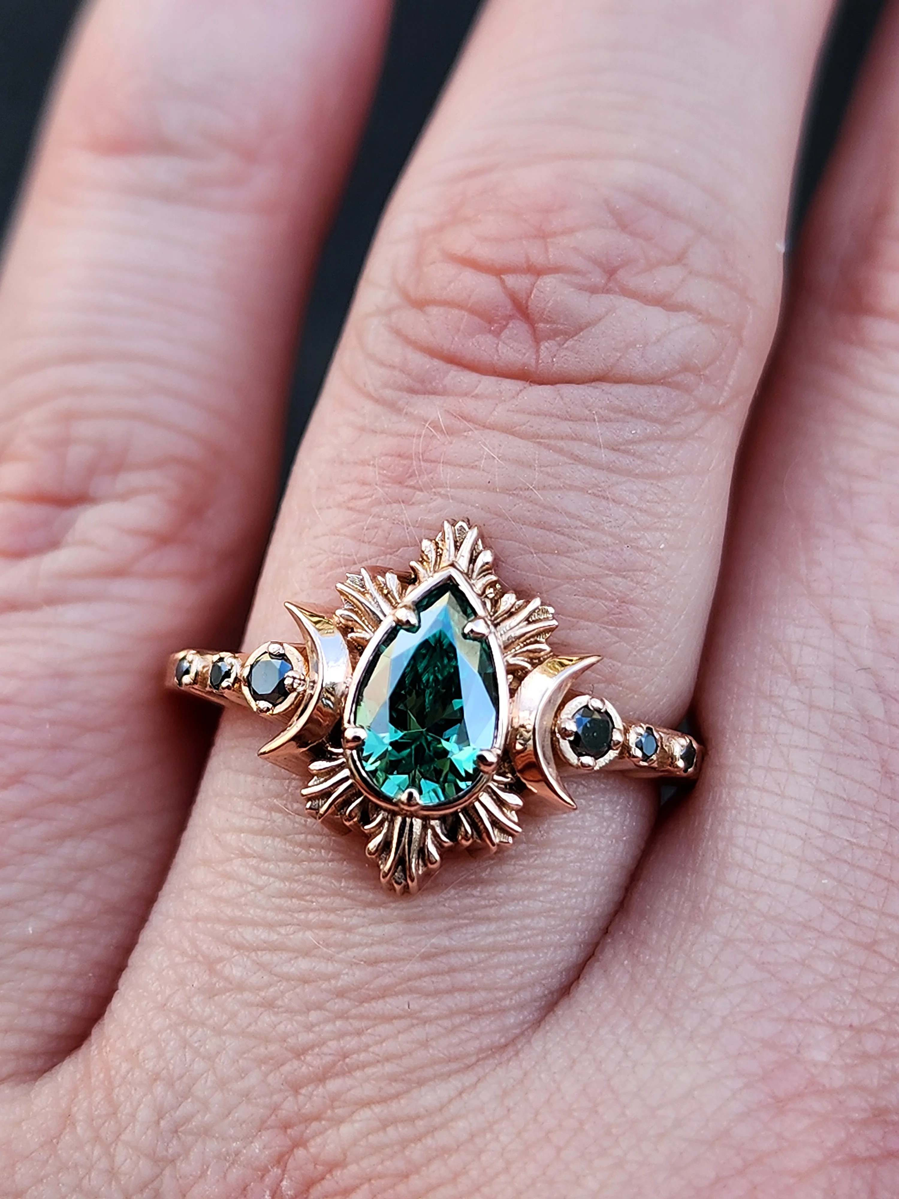 Green Moissanite Pear Moon Fire Lunar Engagement Ring - Black Diamonds and 14k Rose Gold with Crescents Gothic Unusual Wedding Ring - Image 4