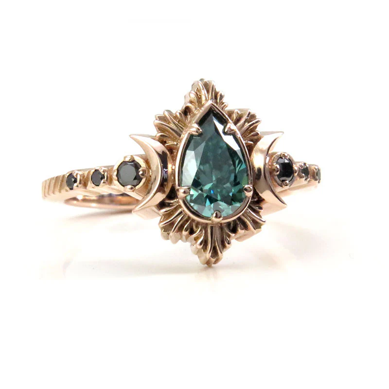 Green Moissanite Pear Moon Fire Lunar Engagement Ring - Black Diamonds and 14k Rose Gold with Crescents Gothic Unusual Wedding Ring - Image 5