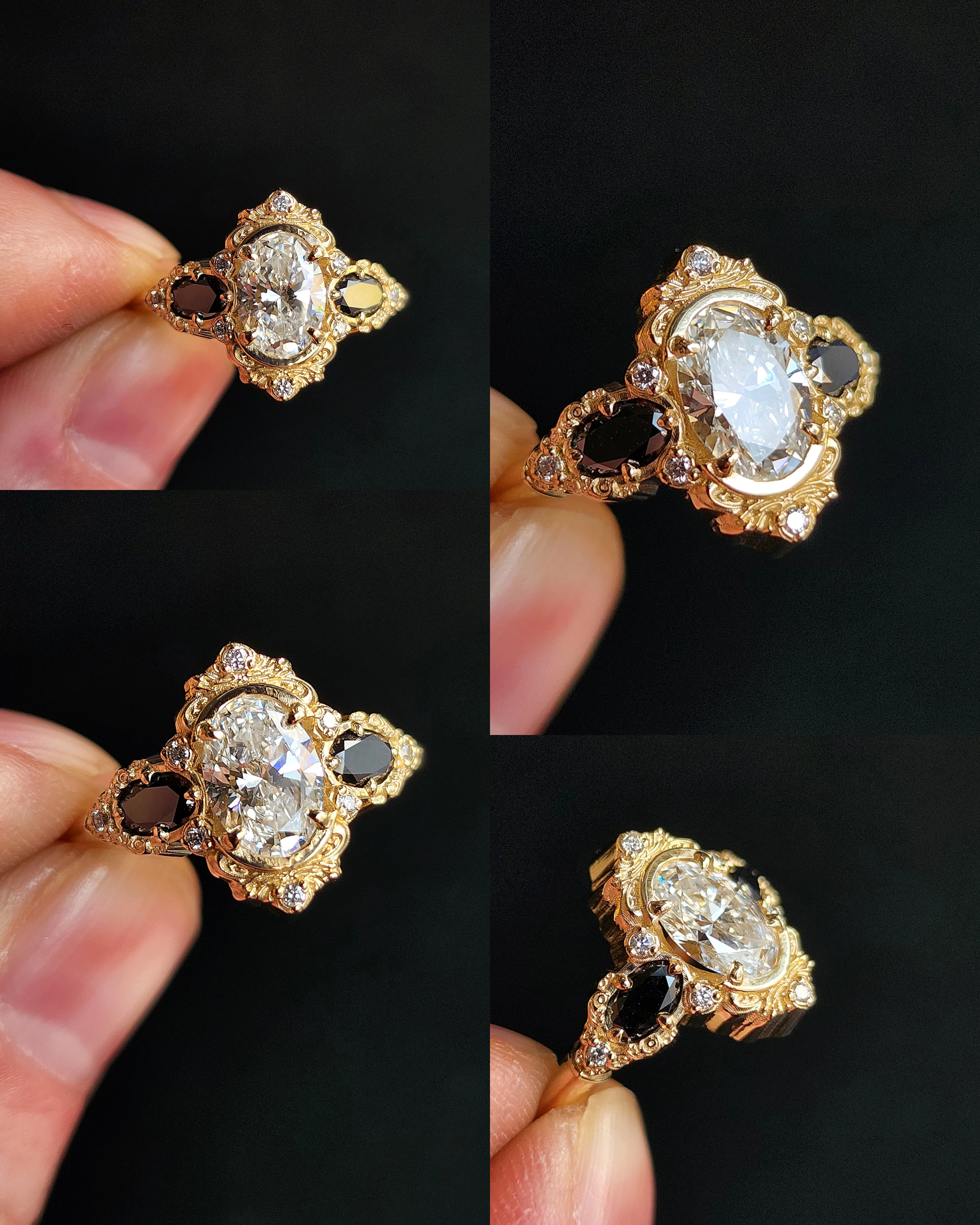 Josephine Oval Engagement Ring with Oval Side Stones & Gold Scrolls - Handcrafted Fantasy Fancy 14k Gold Handmade Jewelry - Image 12