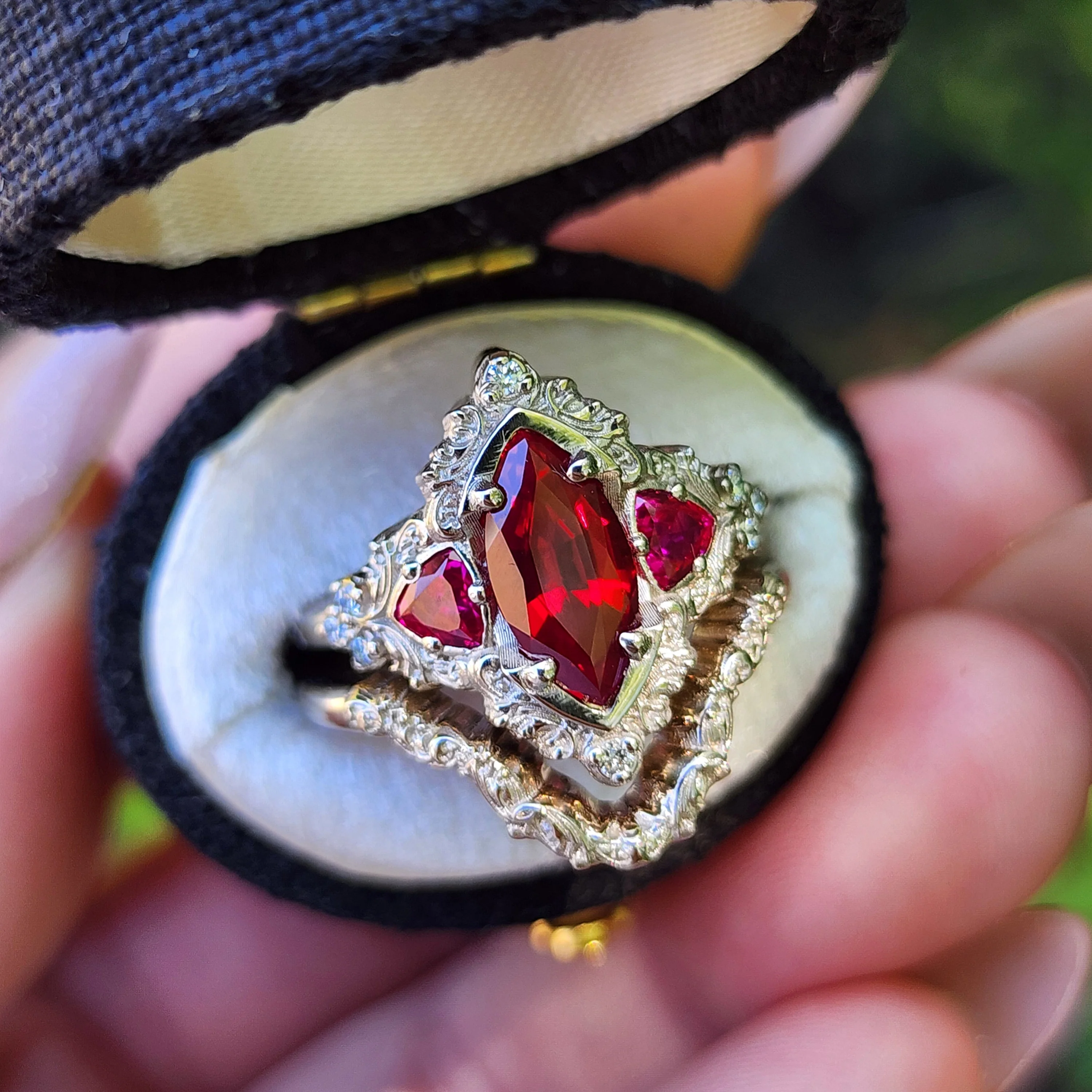Ready to Ship Size 4-6 - Ruby Marquise Delilah Filigree Scroll Engagement Ring Set - 14k Palladium White Gold - Image 4