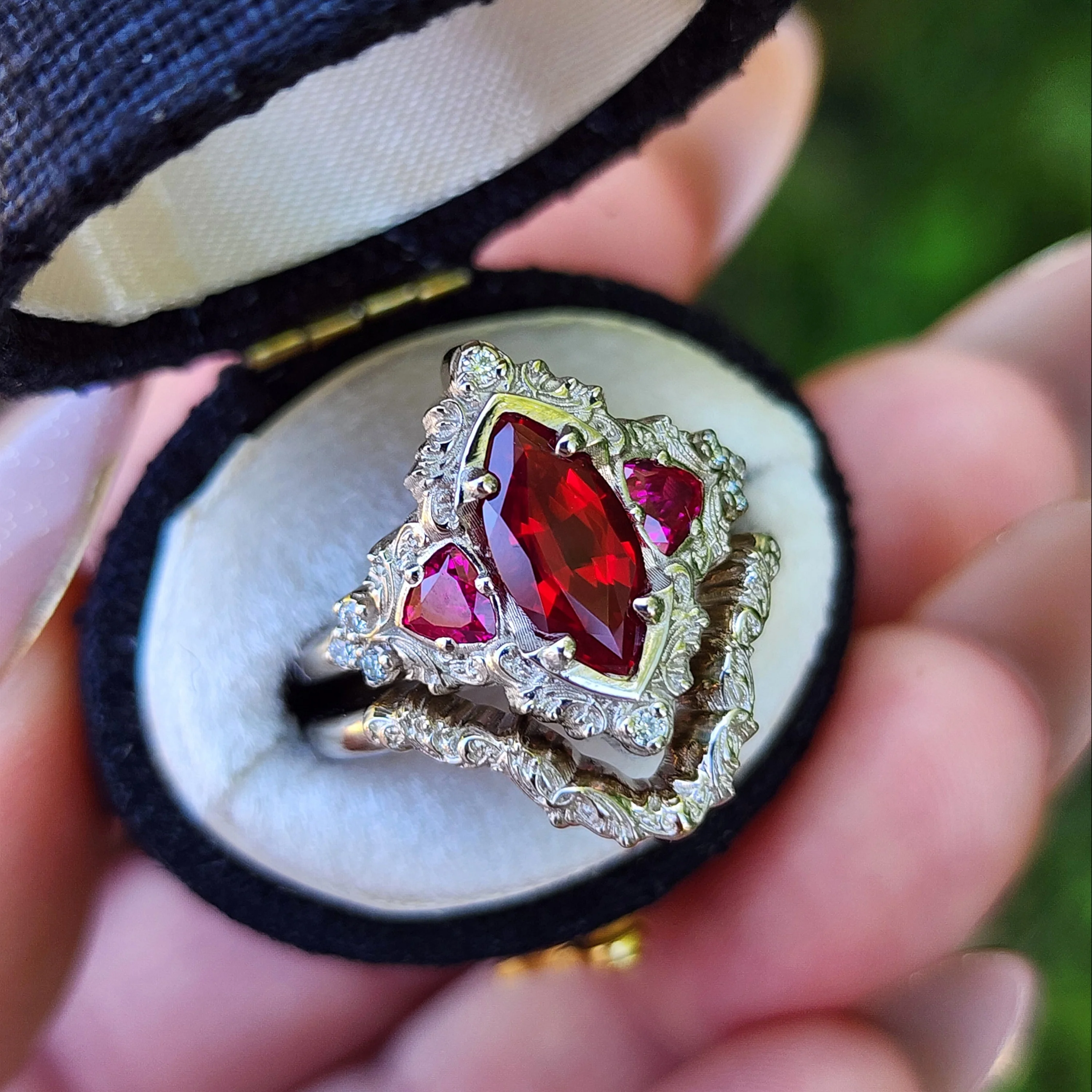 Ready to Ship Size 4-6 - Ruby Marquise Delilah Filigree Scroll Engagement Ring Set - 14k Palladium White Gold - Image 5