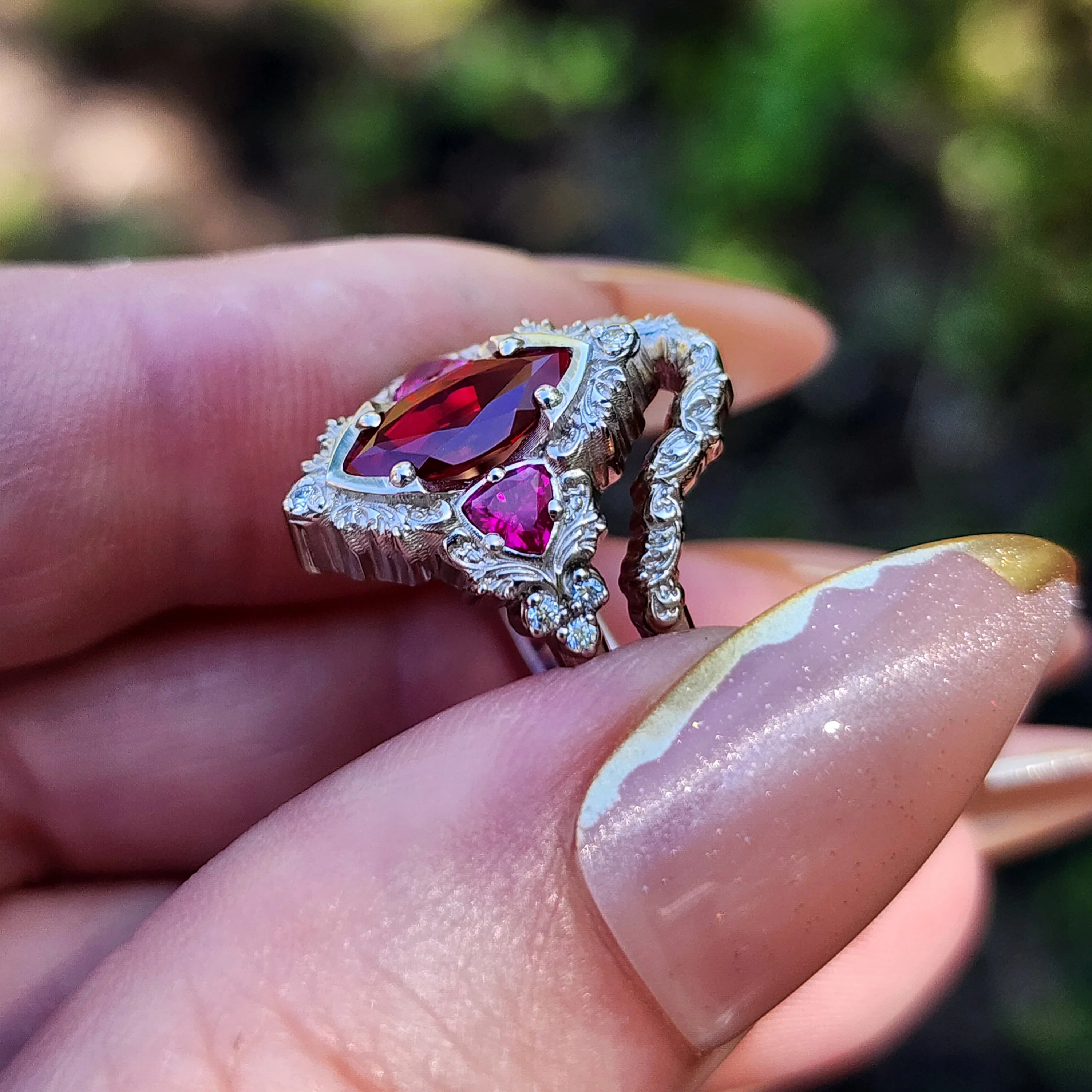 Ready to Ship Size 4-6 - Ruby Marquise Delilah Filigree Scroll Engagement Ring Set - 14k Palladium White Gold - Image 7