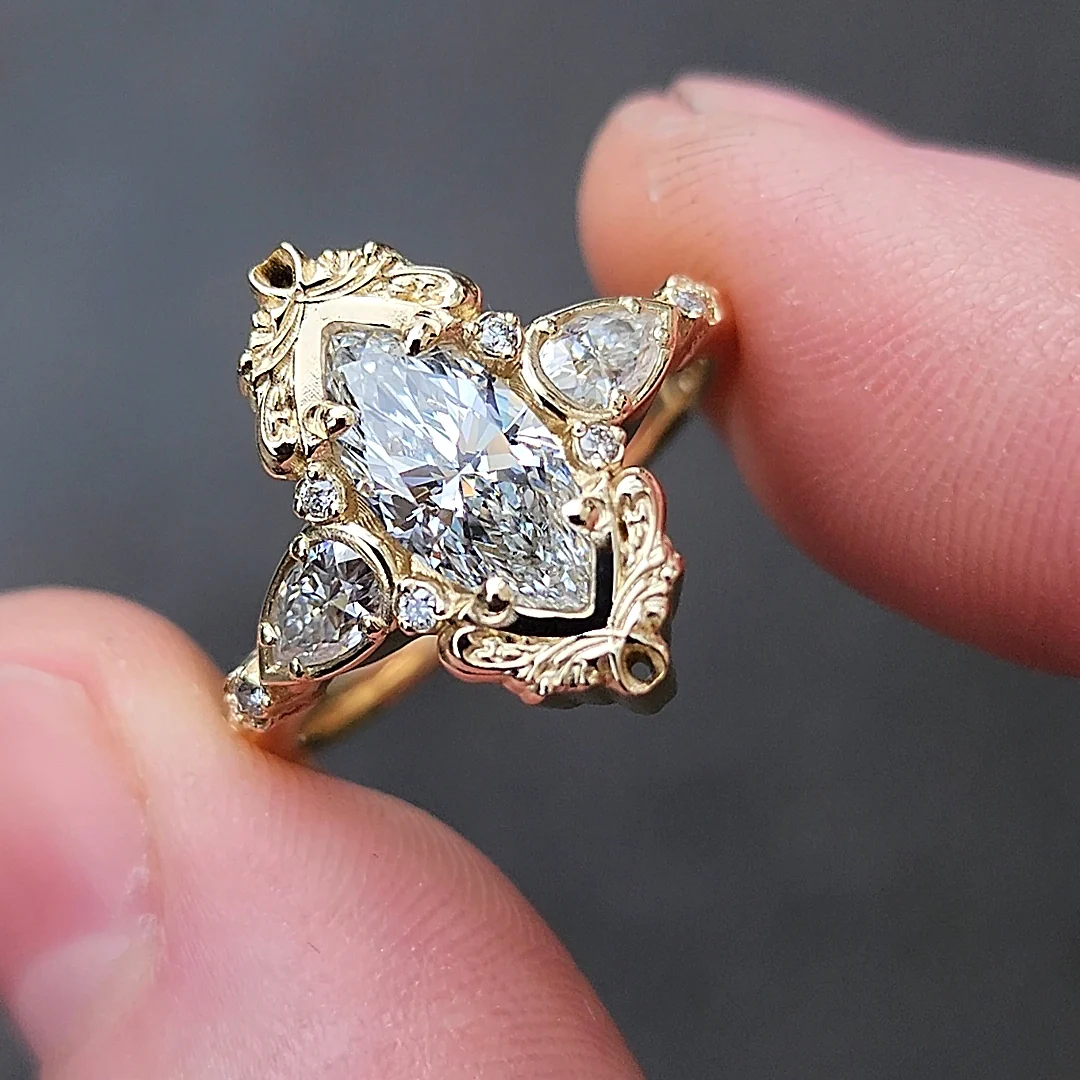 Large Lab Diamond Odette Marquise Engagement Ring with Pear Side Stones and Gold Scrollwork - Fantasy Filigree 14k Gold - Image 3