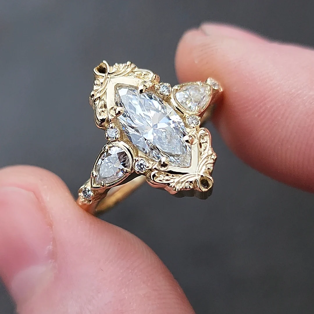 Large Lab Diamond Odette Marquise Engagement Ring with Pear Side Stones and Gold Scrollwork - Fantasy Filigree 14k Gold - Image 4