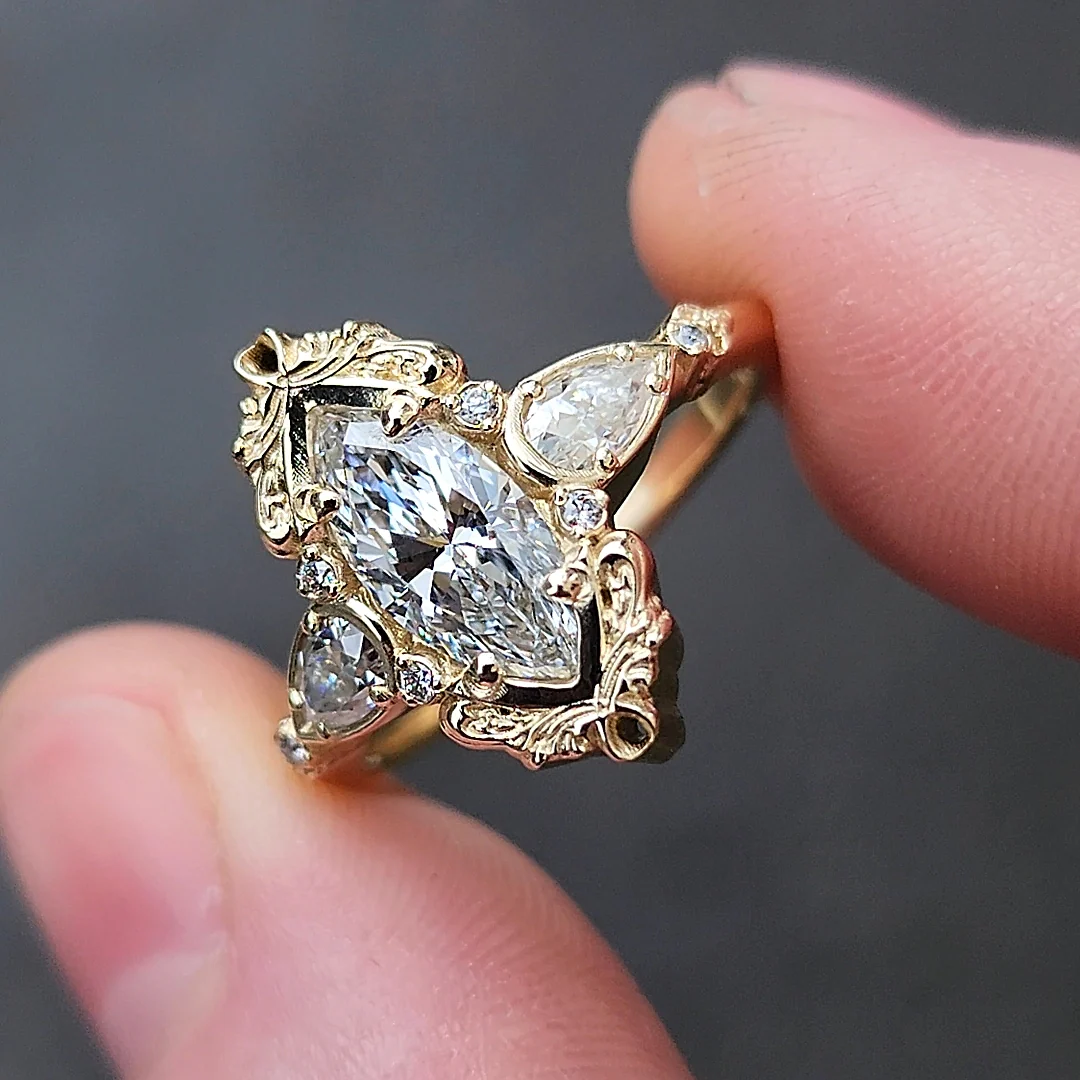 Large Lab Diamond Odette Marquise Engagement Ring with Pear Side Stones and Gold Scrollwork - Fantasy Filigree 14k Gold - Image 5