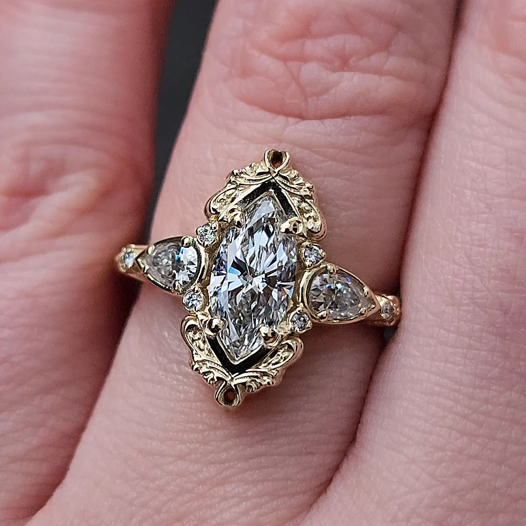 Large Lab Diamond Odette Marquise Engagement Ring with Pear Side Stones and Gold Scrollwork - Fantasy Filigree 14k Gold - Image 7