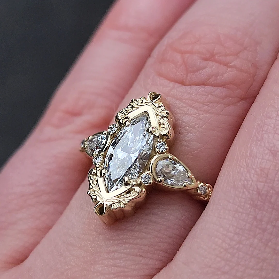 Large Lab Diamond Odette Marquise Engagement Ring with Pear Side Stones and Gold Scrollwork - Fantasy Filigree 14k Gold - Image 9