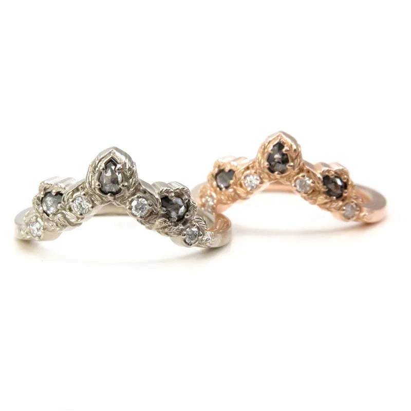 Leafy Pear Diamond Chevron Gold Wedding Band - Rose Cut Salt & Pepper Diamonds and Black or White Diamonds - Bohemian Stacking Wedding Band - Image 5