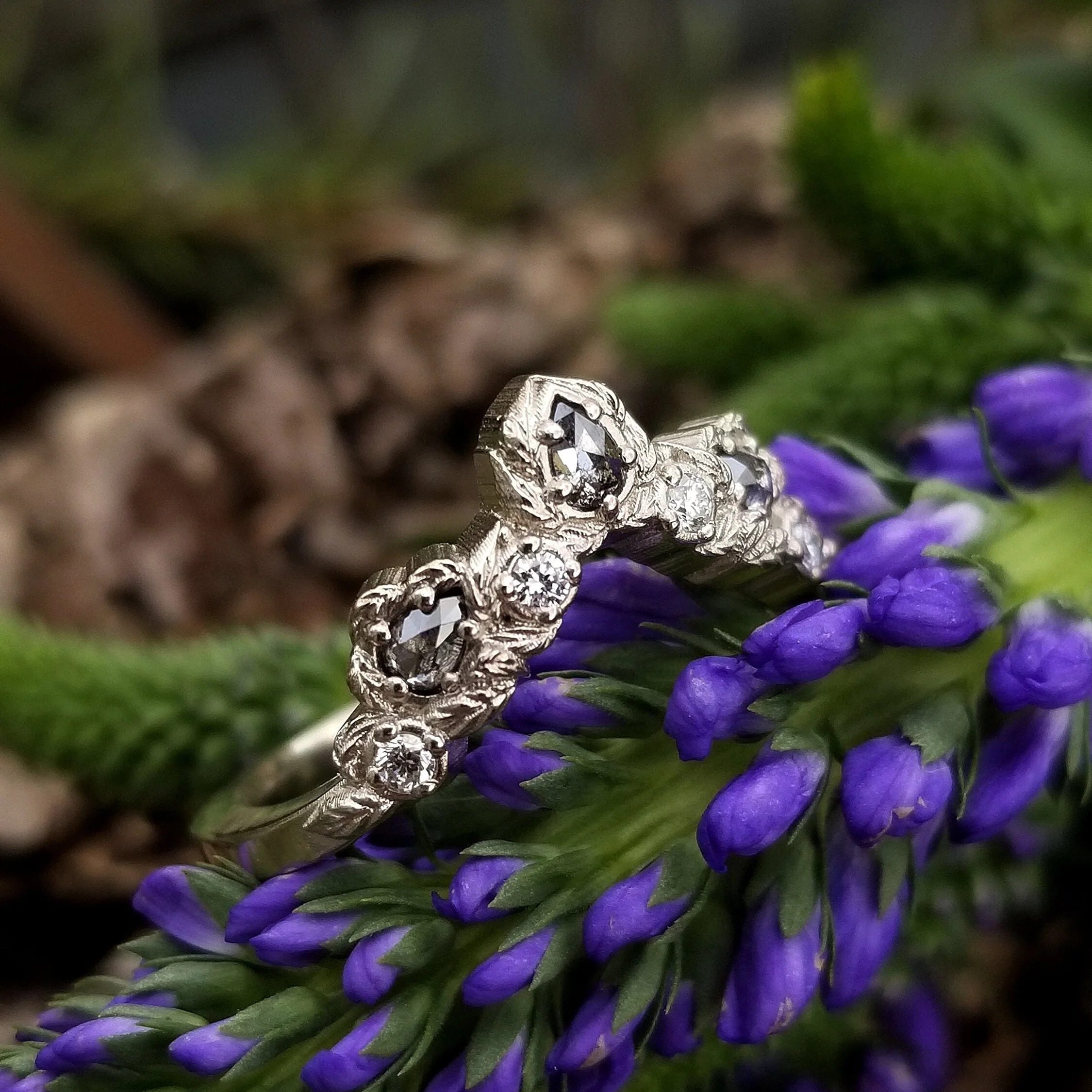Leafy Pear Diamond Chevron Gold Wedding Band - Rose Cut Salt & Pepper Diamonds and Black or White Diamonds - Bohemian Stacking Wedding Band - Image 6