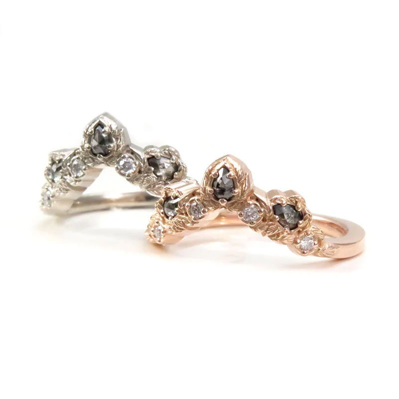 Leafy Pear Diamond Chevron Gold Wedding Band - Rose Cut Salt & Pepper Diamonds and Black or White Diamonds - Bohemian Stacking Wedding Band - Image 8