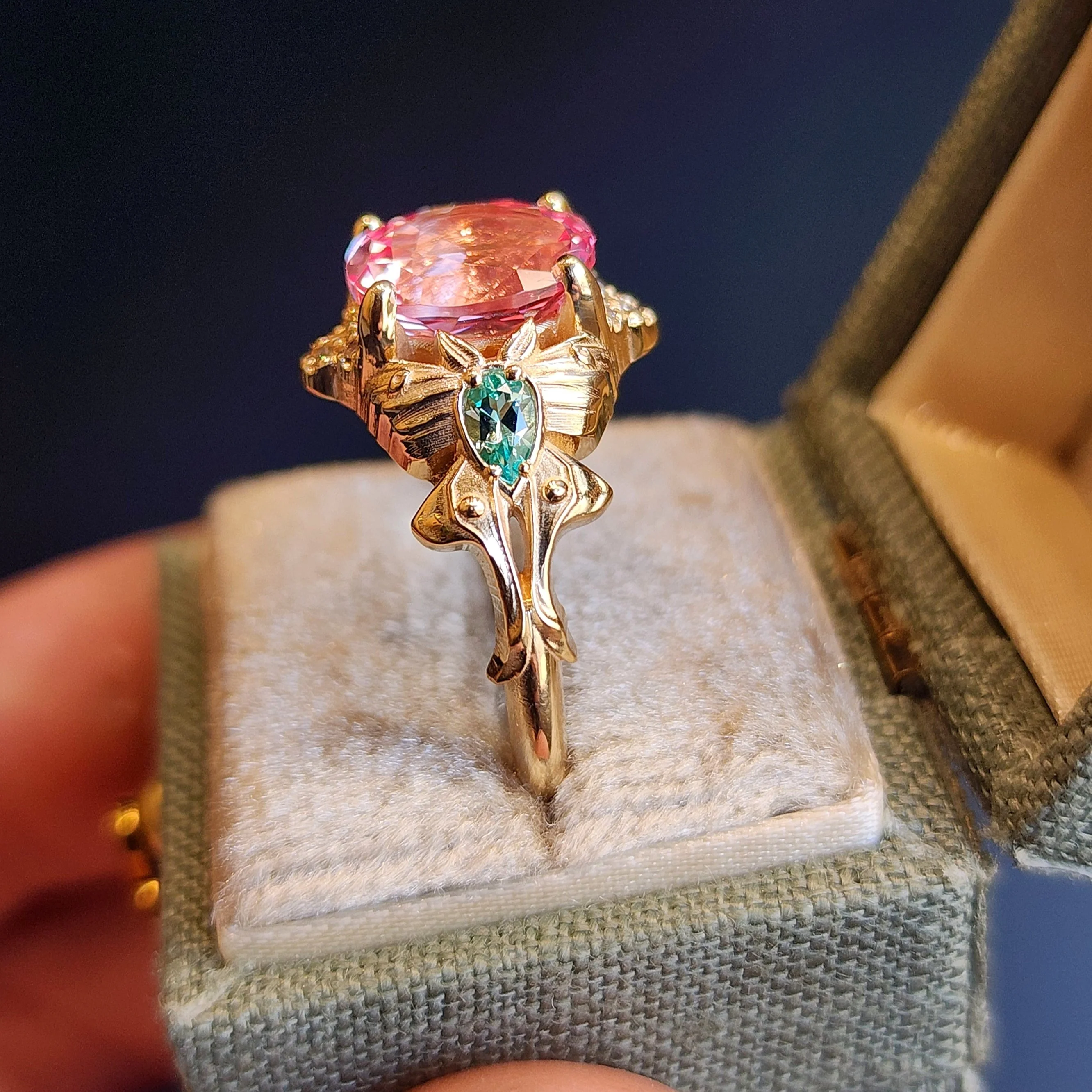 Luna Moth Engagement Ring with Oval Chatham Pink Champagne Sapphire and Chrysoberyl Pears with Diamonds - 14k Gold Nature Inspired Jewelry - Image 4