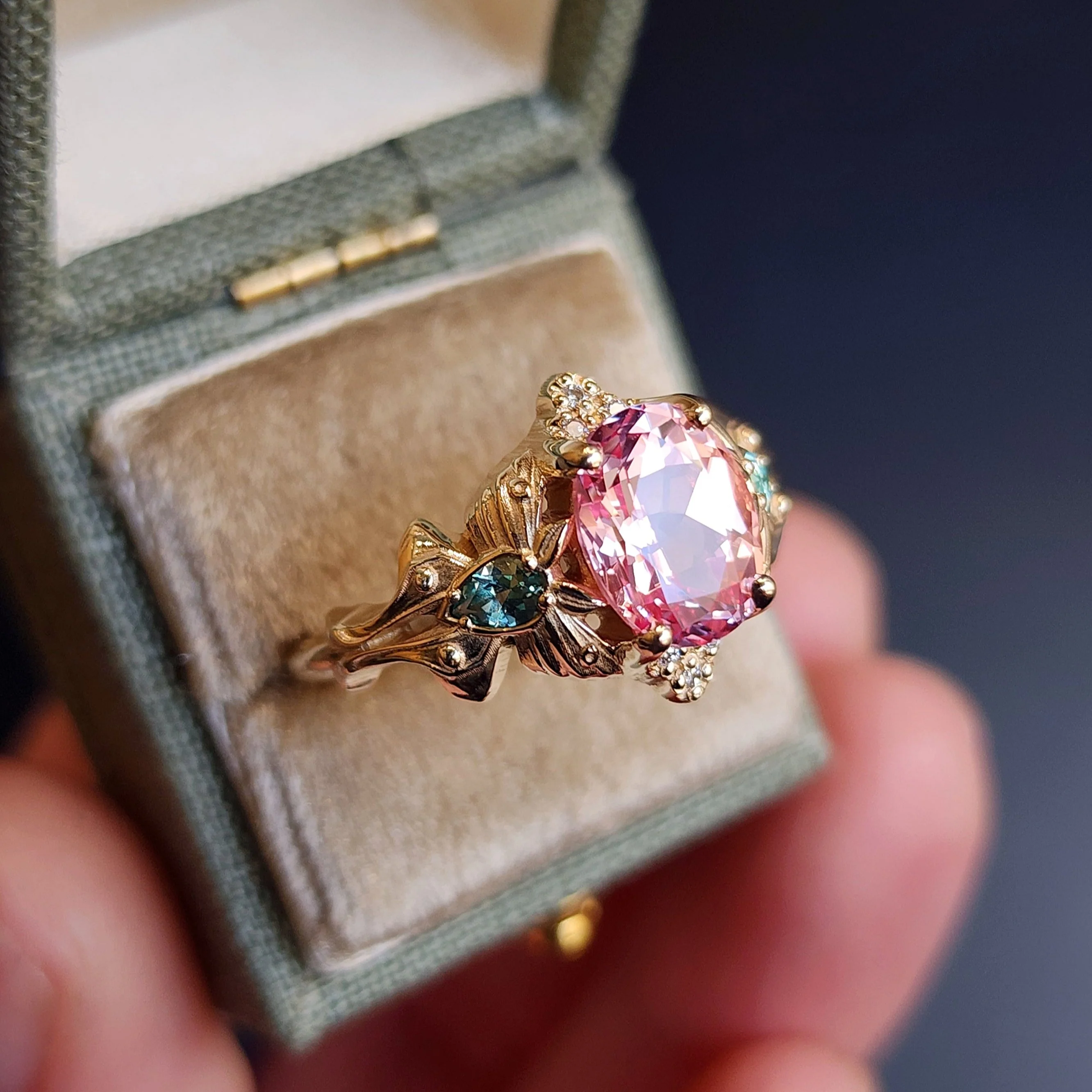 Luna Moth Engagement Ring with Oval Chatham Pink Champagne Sapphire and Chrysoberyl Pears with Diamonds - 14k Gold Nature Inspired Jewelry - Image 7