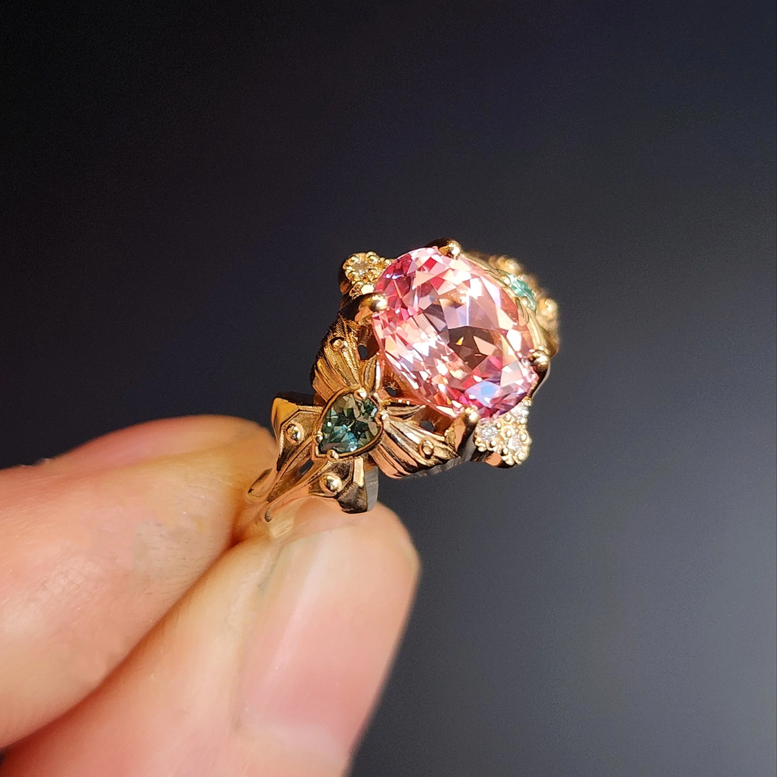 Luna Moth Engagement Ring with Oval Chatham Pink Champagne Sapphire and Chrysoberyl Pears with Diamonds - 14k Gold Nature Inspired Jewelry - Image 9