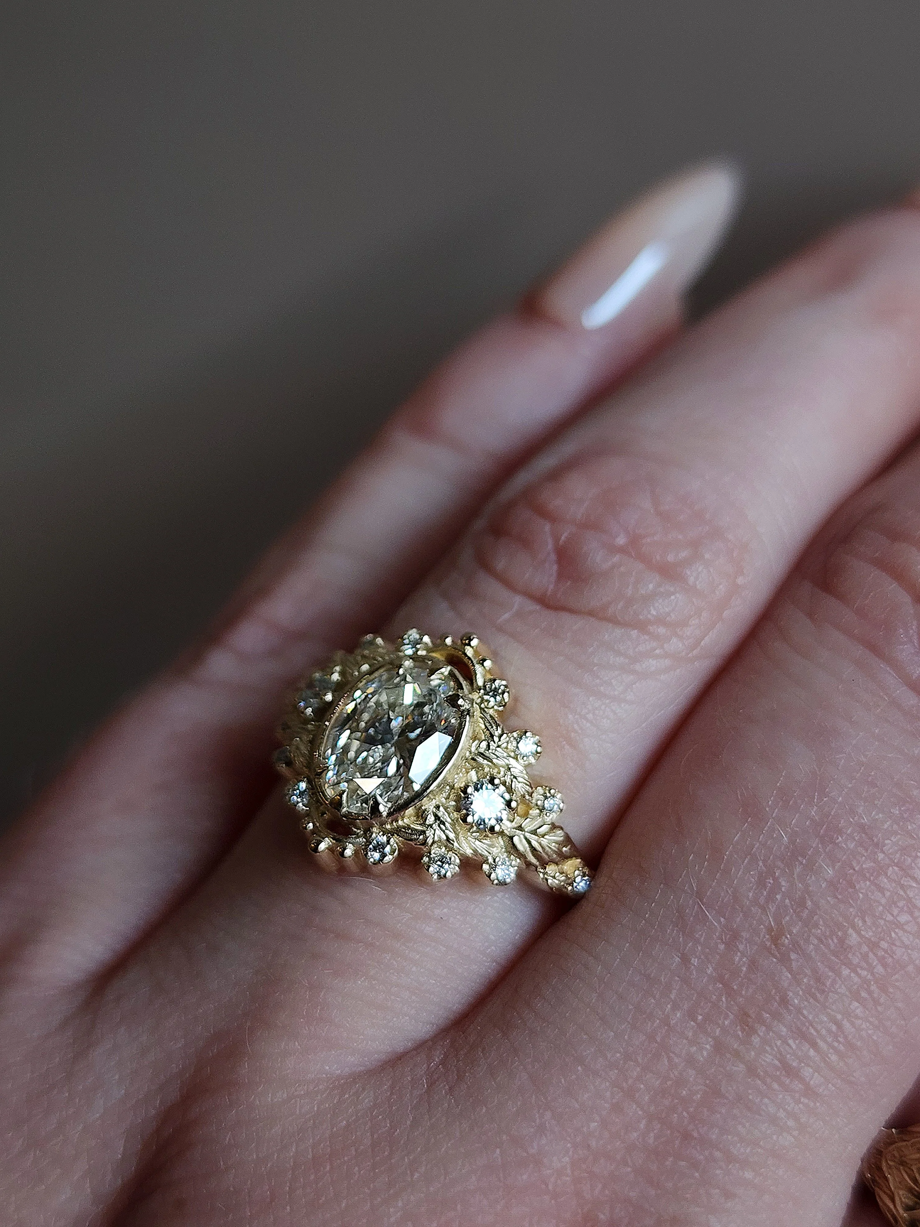 Natura Engagement Ring with Oval Moissanite and Natural Diamond Side Stones with Leaf Diamond Wedding Bands 14k Gold - Image 15