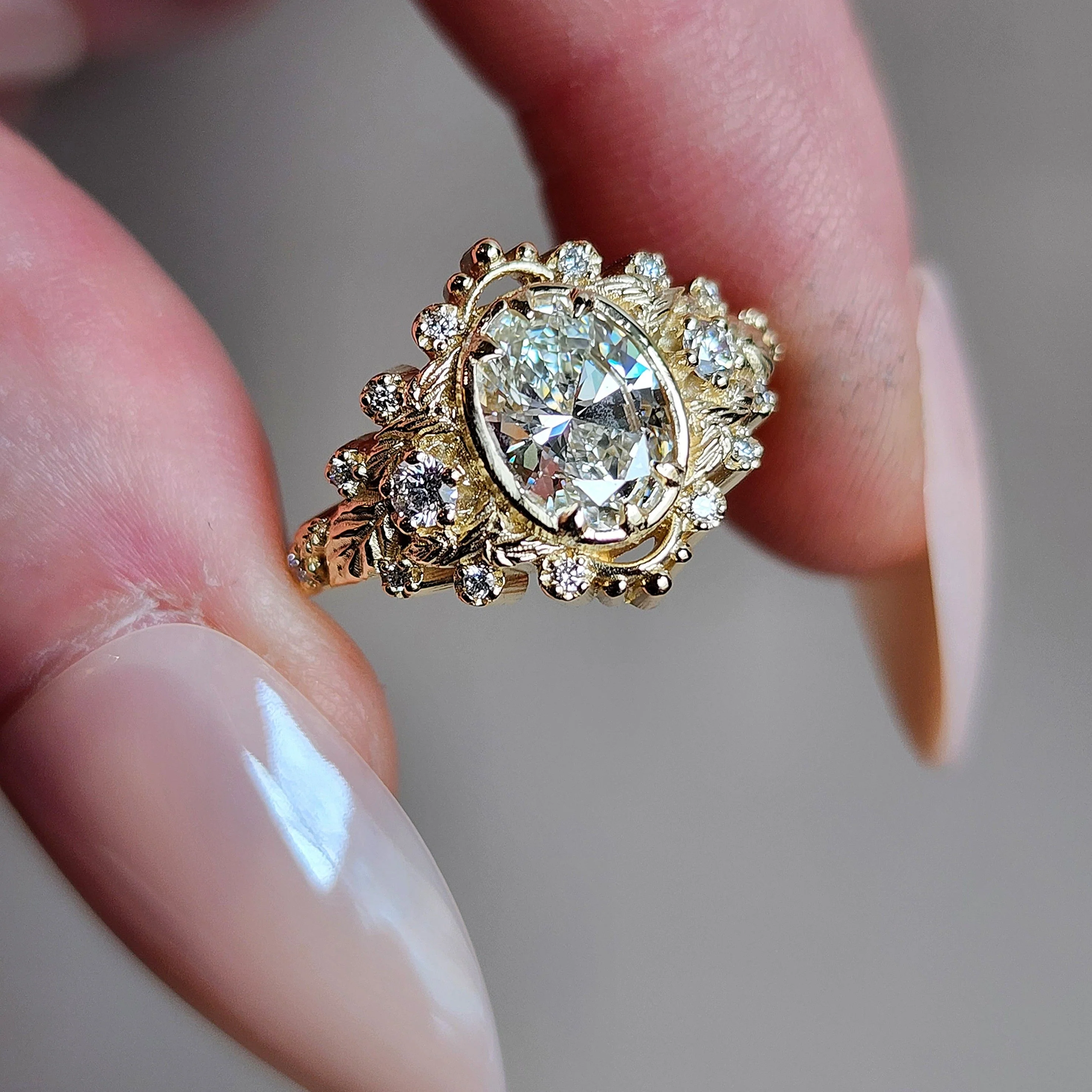 Natura Engagement Ring with Oval Moissanite and Natural Diamond Side Stones with Leaf Diamond Wedding Bands 14k Gold - Image 5