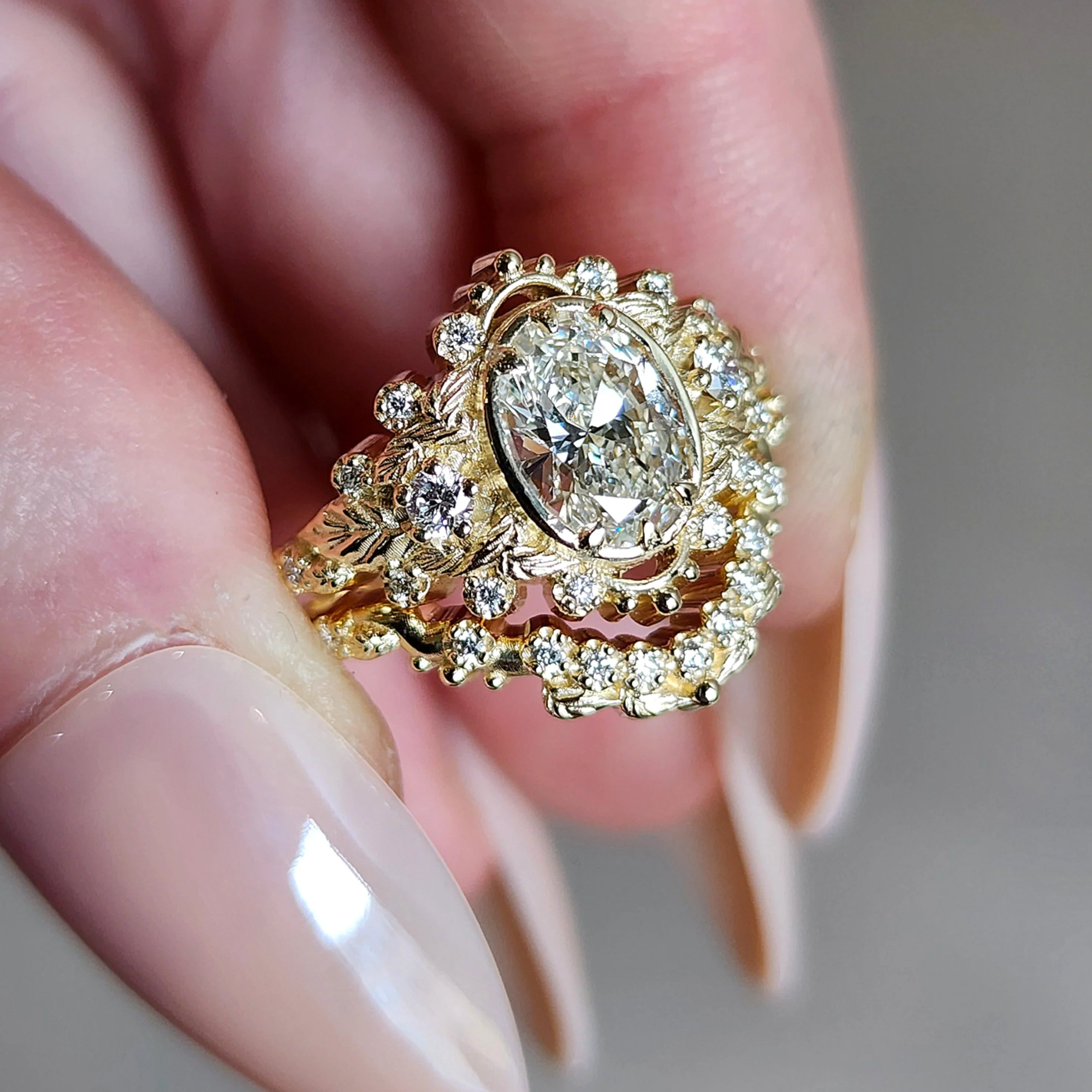 Natura Engagement Ring with Oval Moissanite and Natural Diamond Side Stones with Leaf Diamond Wedding Bands 14k Gold - Image 8