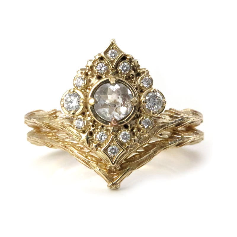 Nova Rose Cut Diamond  Engagement Ring Set - 14k Gold - Pick your Diamond - Witch Wedding Ring - Image 2