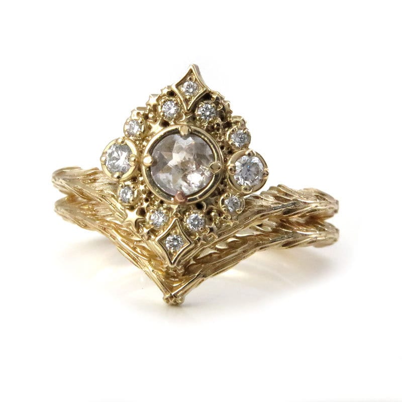 Nova Rose Cut Diamond  Engagement Ring Set - 14k Gold - Pick your Diamond - Witch Wedding Ring - Image 9