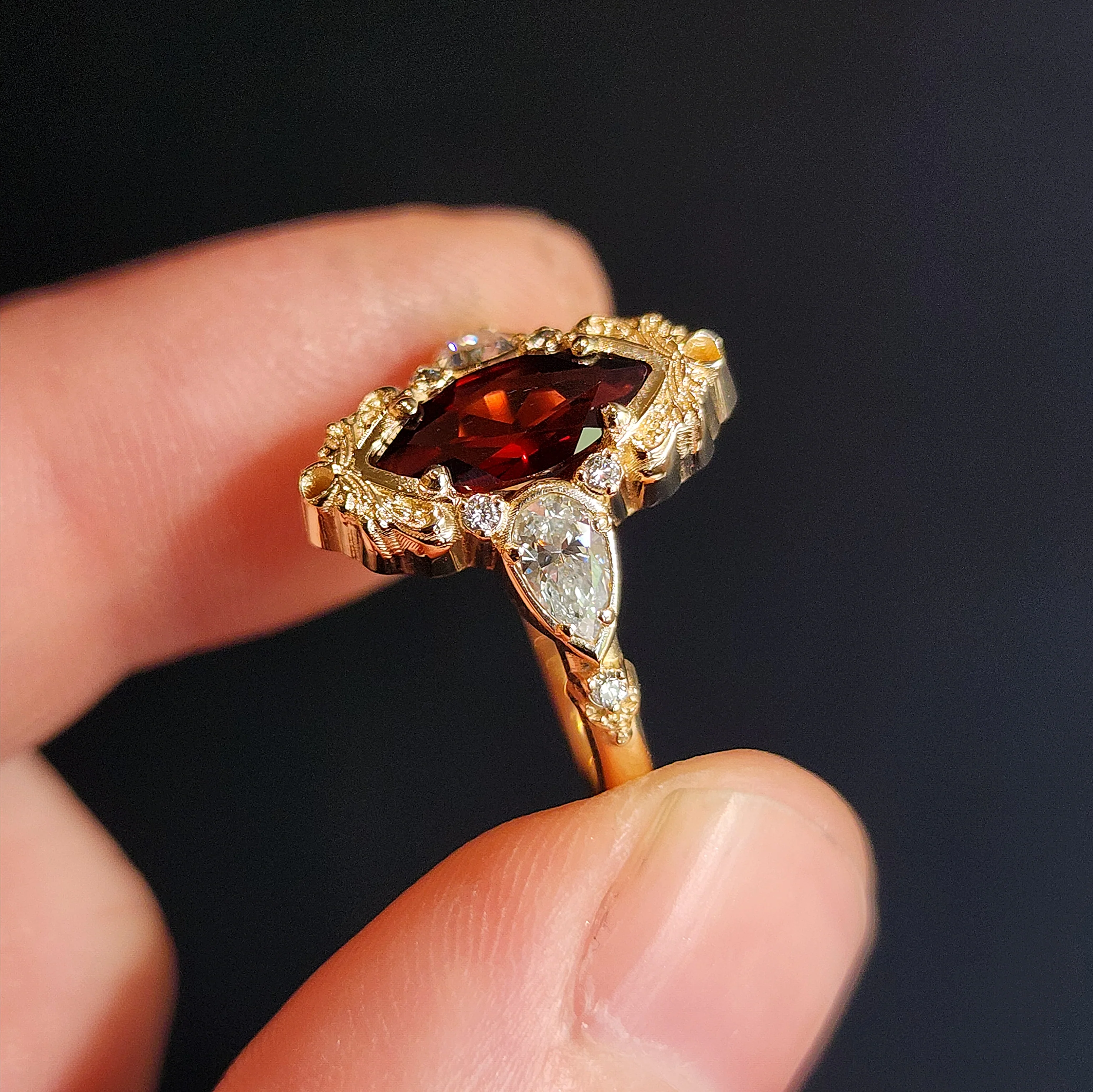 Odette Garnet Marquise Engagement Ring with Pear Side Stones & Gold Scrolls - Baroque Filigree 14k Gold Handmade Ring - Image 3