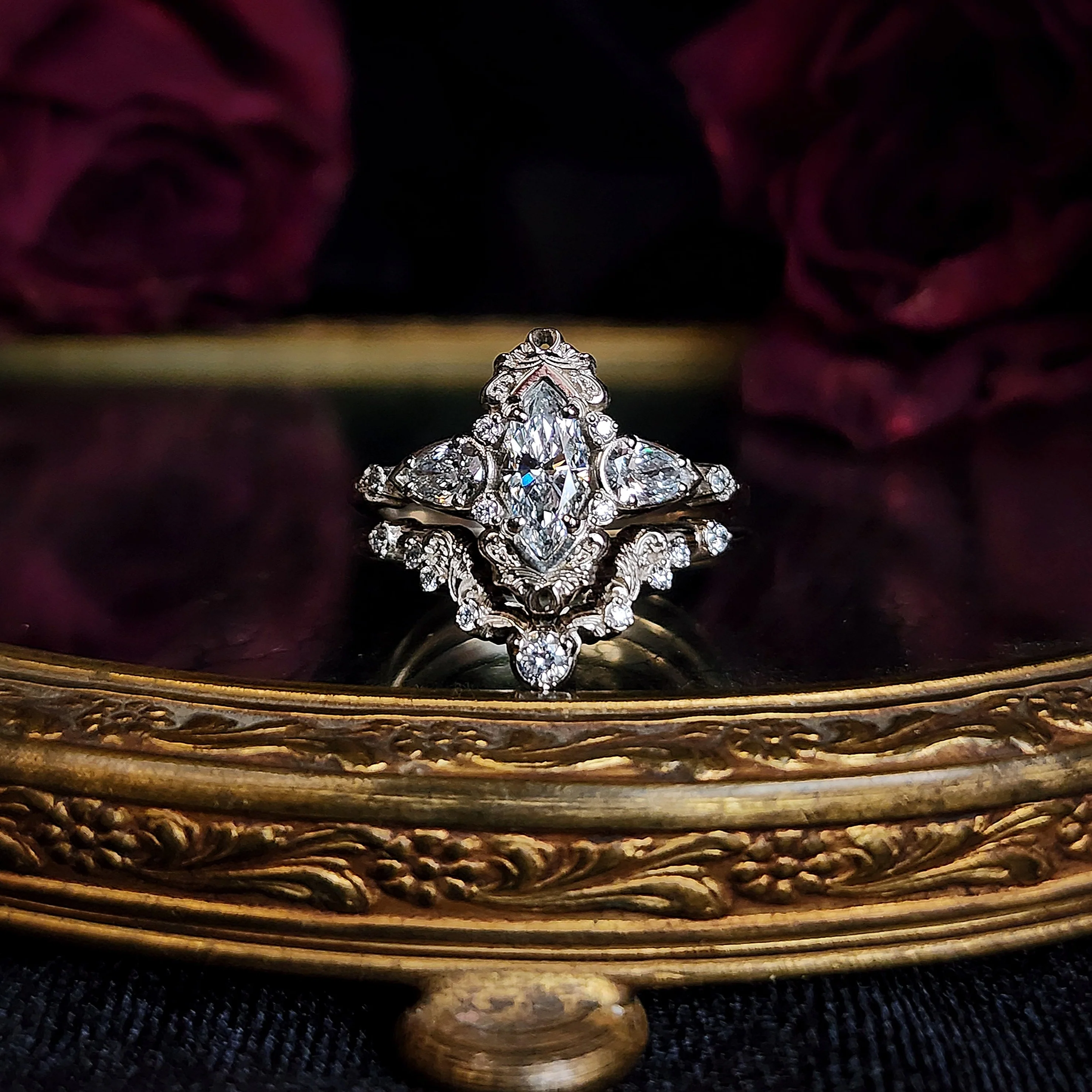 Odette Marquise Engagement Ring Set with Fancy Gold Scrolls - Feminine Ethereal Fine Handcrafted Wedding Ring Set