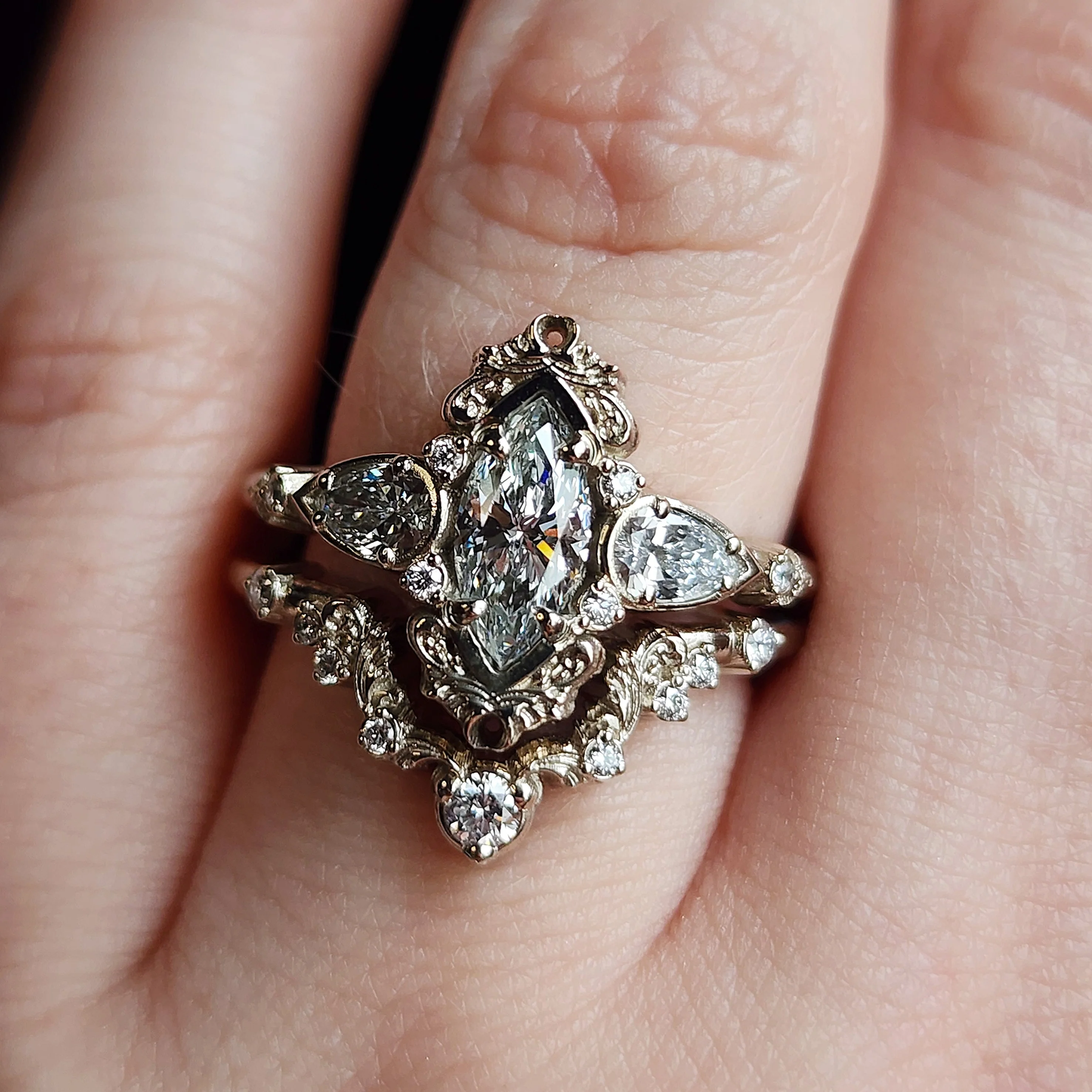 Odette Marquise Engagement Ring Set with Fancy Gold Scrolls - Feminine Ethereal Fine Handcrafted Wedding Ring Set - Image 6