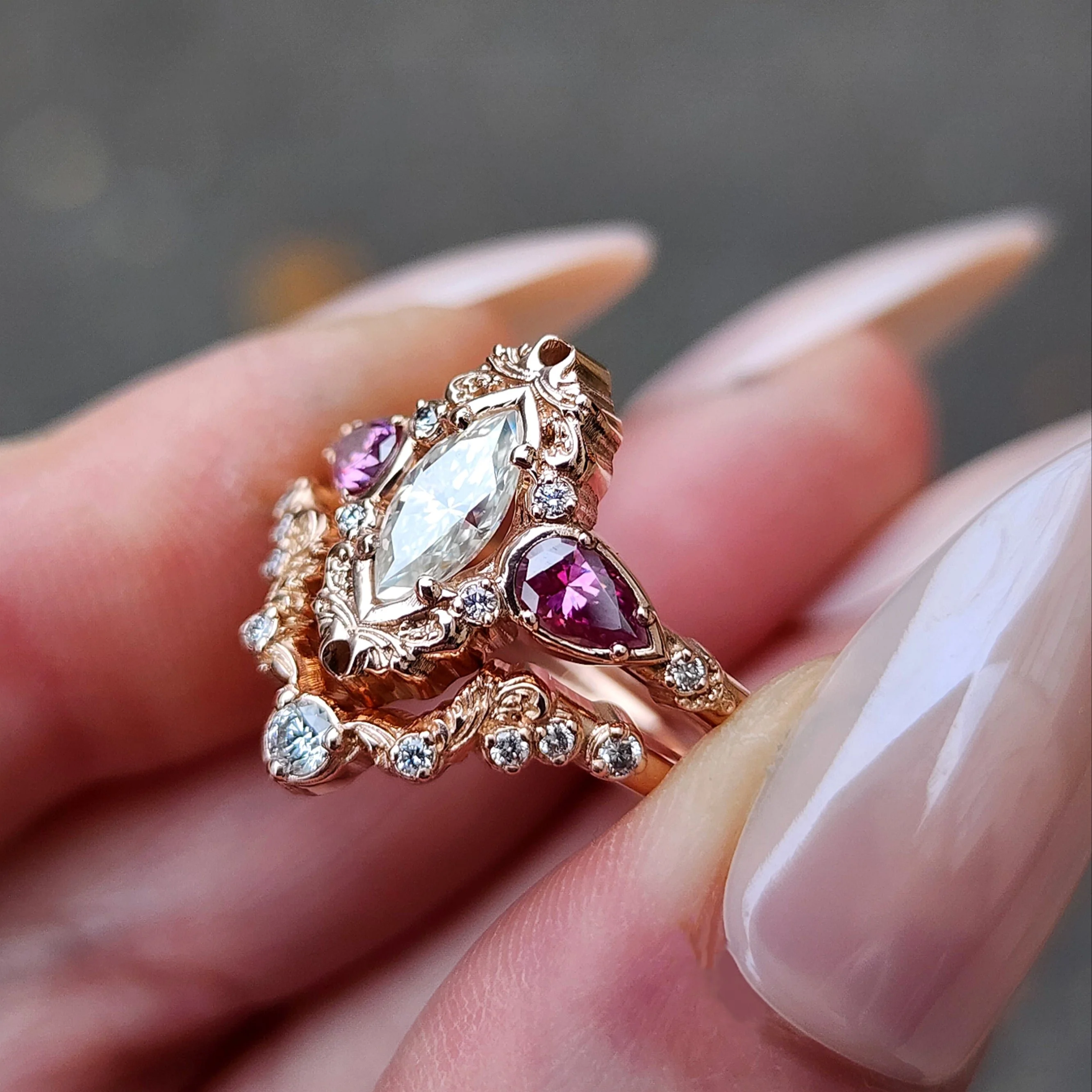 Odette Marquise Engagement Ring Set with Pink Moissanite Pear Accents - Delicate Gold Scroll Details and Matching Diamond Wedding Band - Image 10