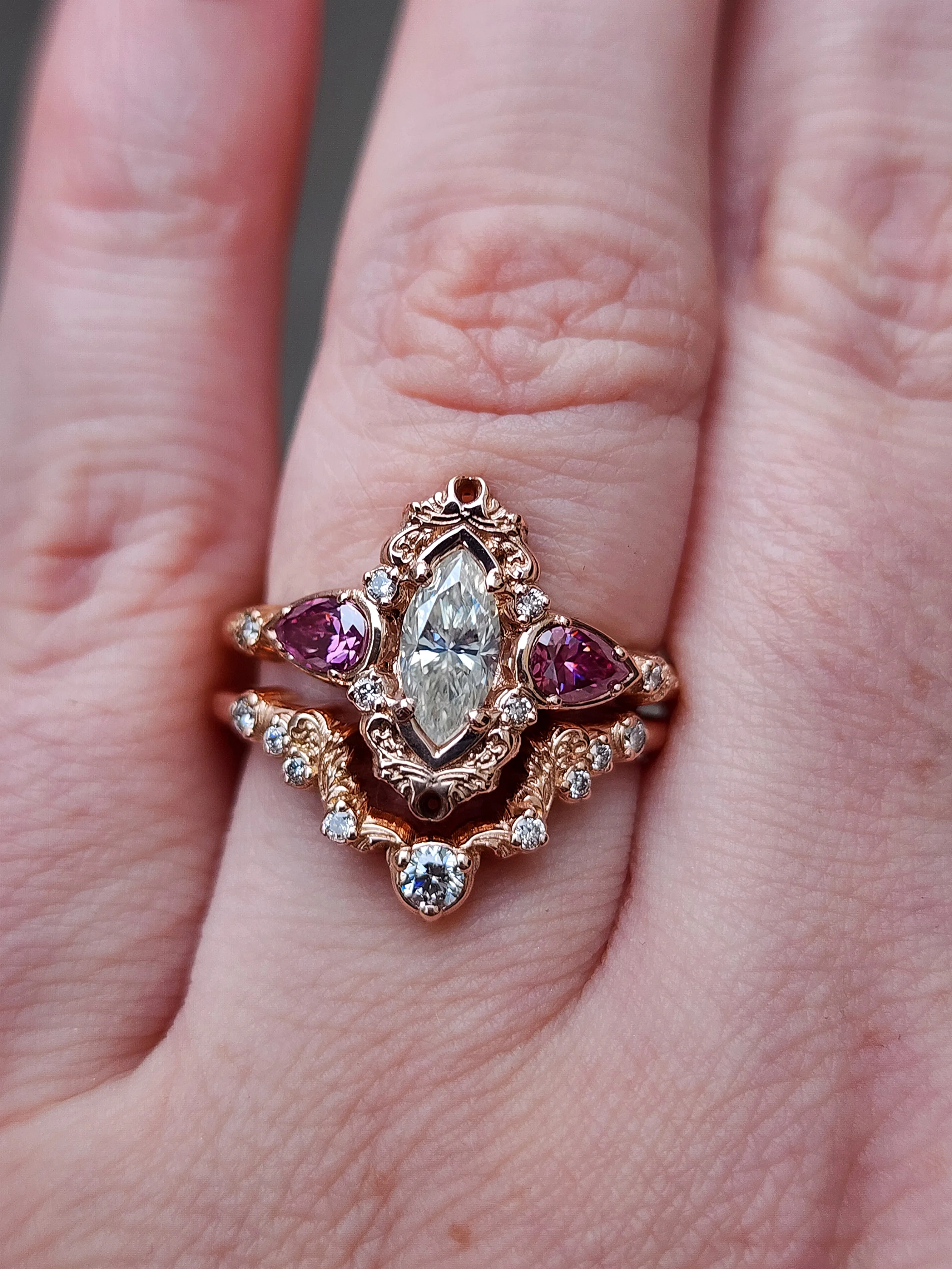 Odette Marquise Engagement Ring Set with Pink Moissanite Pear Accents - Delicate Gold Scroll Details and Matching Diamond Wedding Band - Image 11
