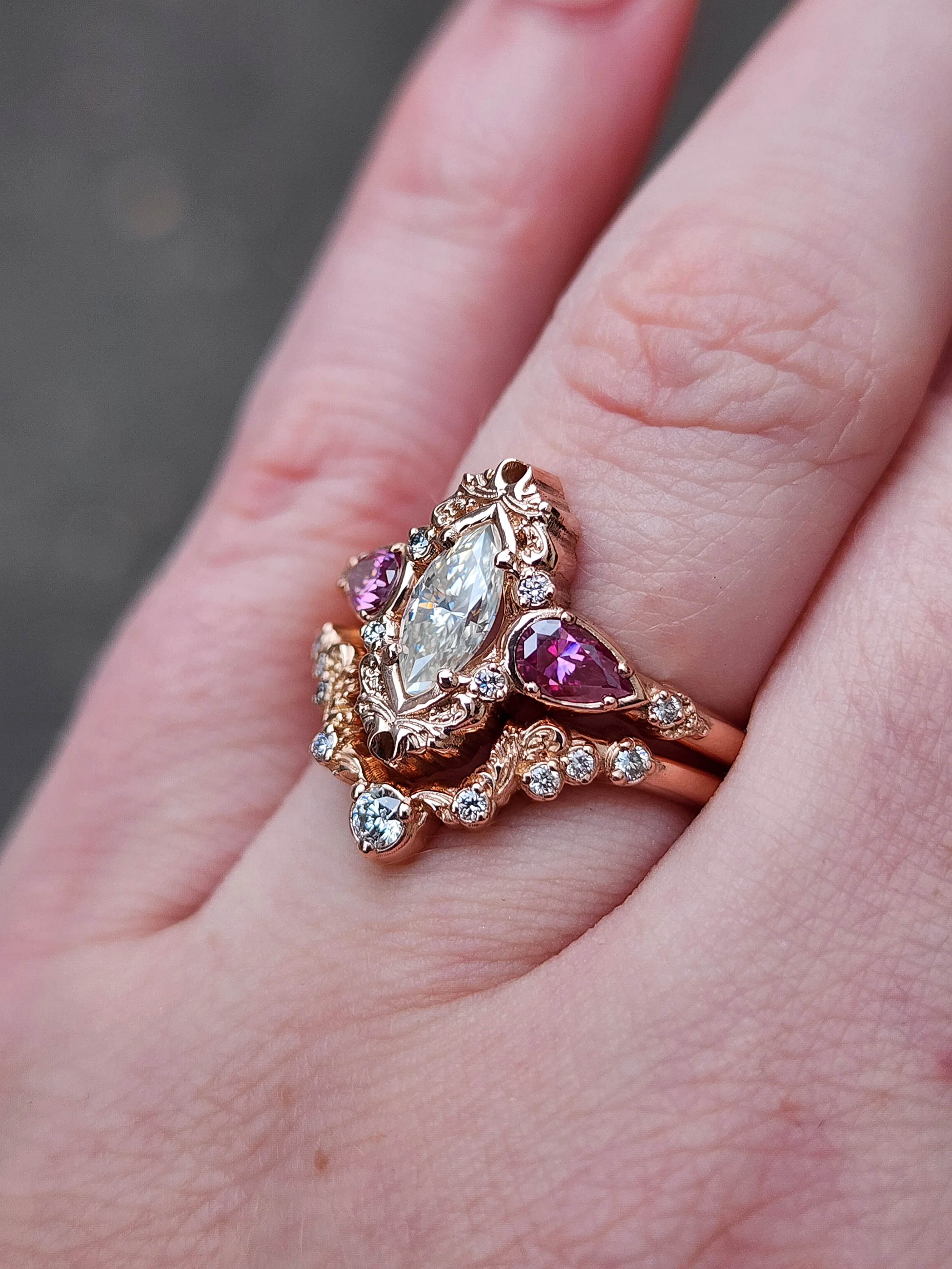 Odette Marquise Engagement Ring Set with Pink Moissanite Pear Accents - Delicate Gold Scroll Details and Matching Diamond Wedding Band - Image 13