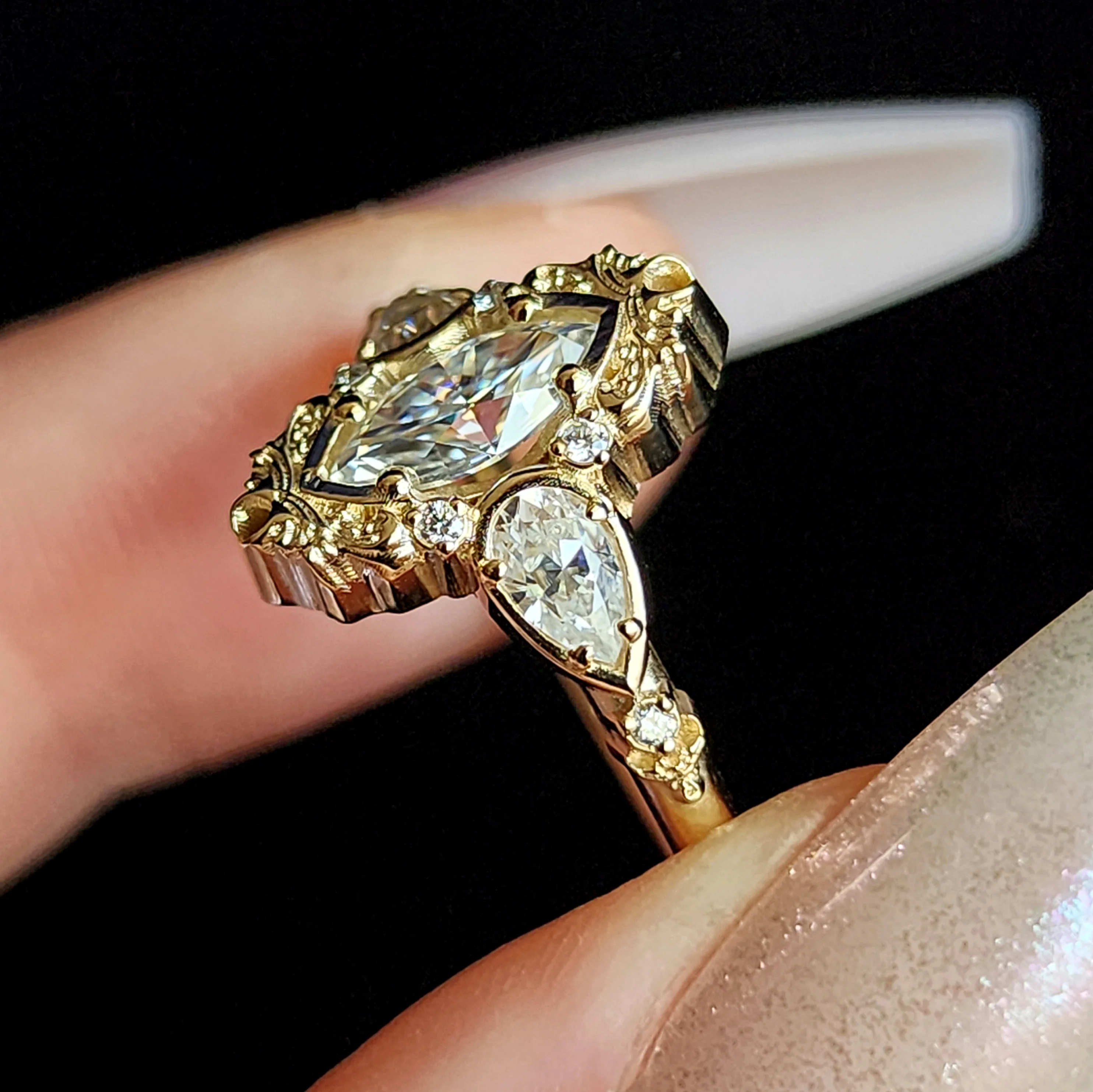 Odette Marquise Engagement Ring with Pear Side Stones and Gold Scrollwork - Fantasy Filigree 14k Gold Handmade Ring - Image 3